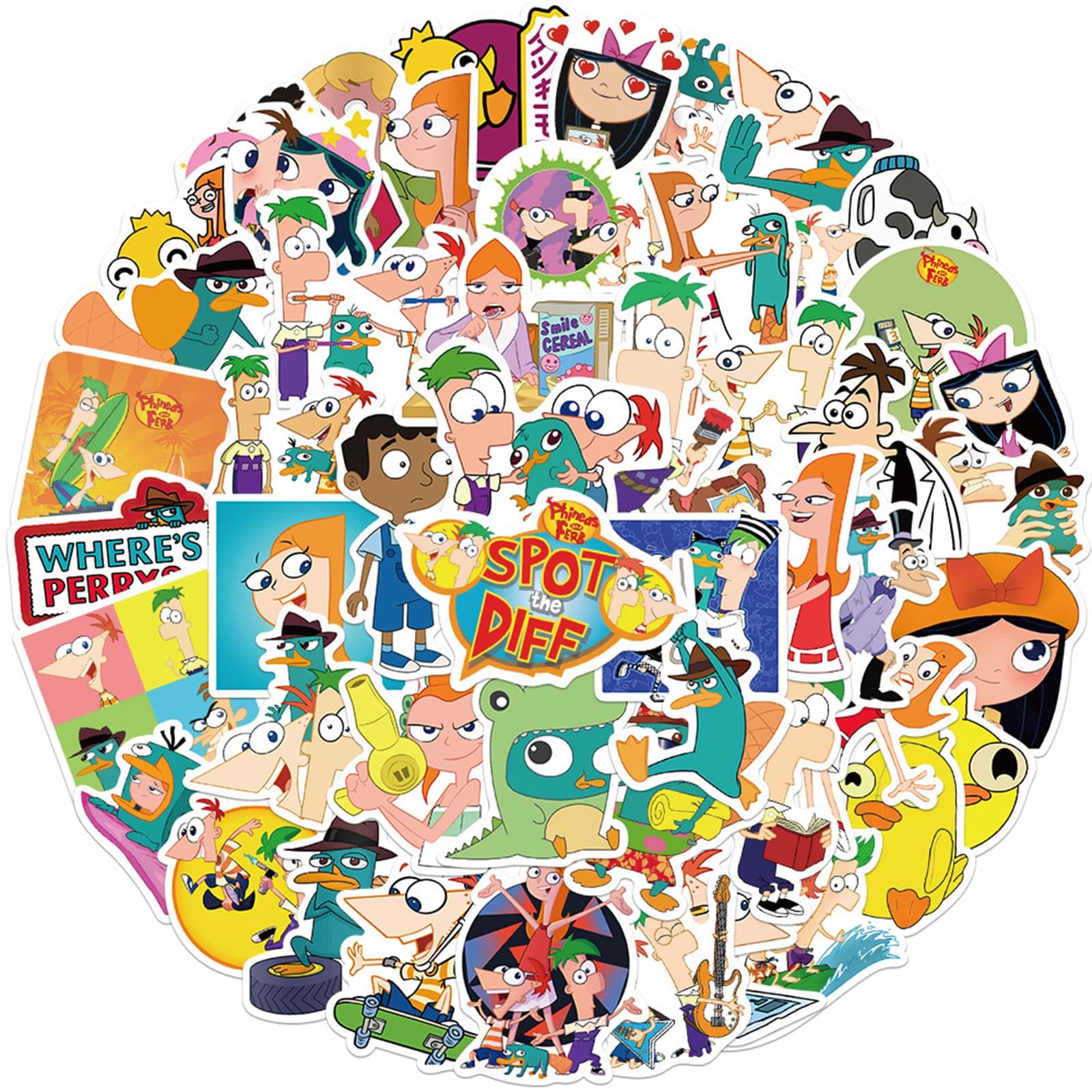 50pcs Phineas and Ferb Cartoon Stickers for Kids, Cute Funny Cartoon Stickers for Laptop Water Bottles Scrapbook Bike Skateboard Luggage Guitar Helmet Bumper