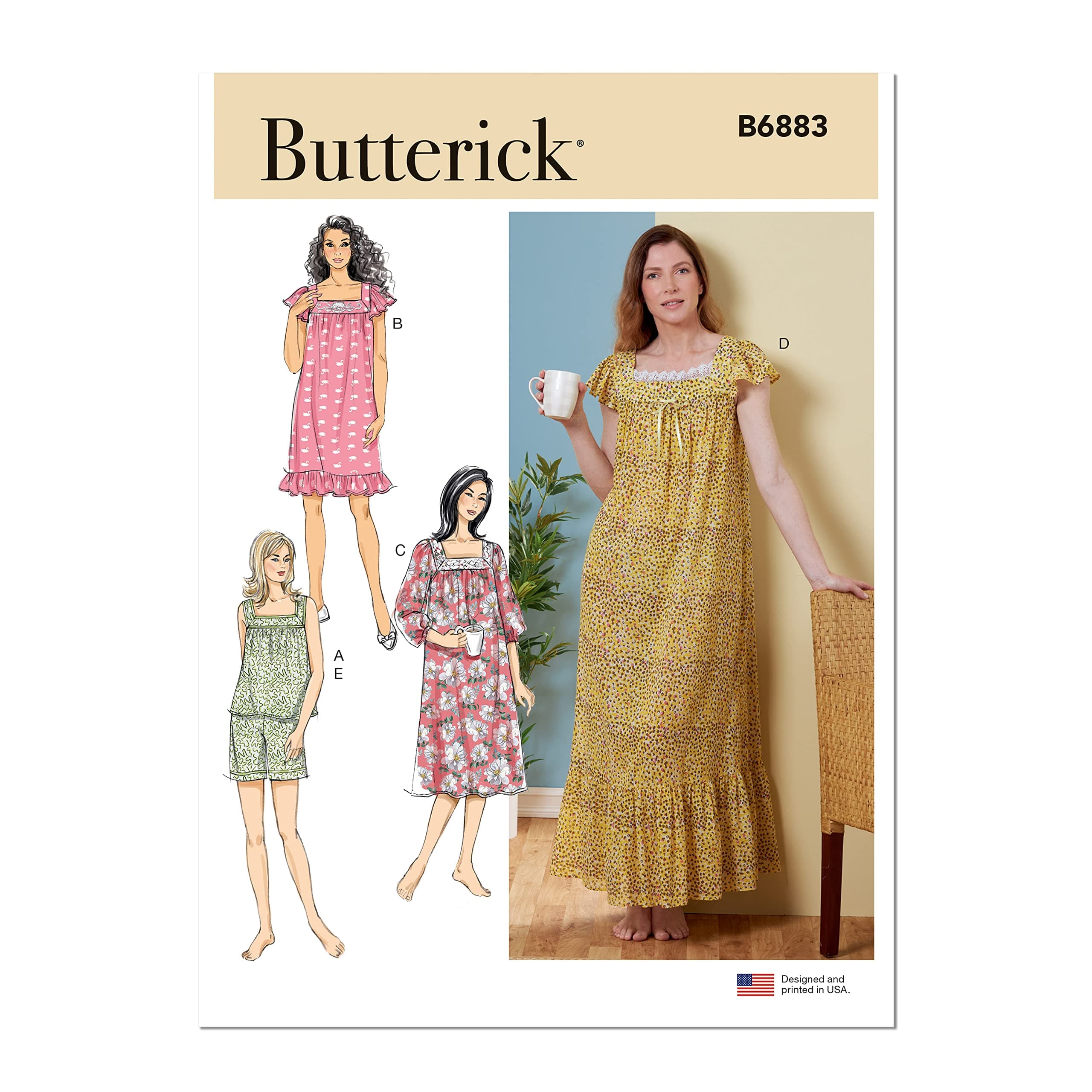 ButterickMisses' Pullover Top, Nightgown and Shorts Sewing Pattern Kit, Design Code B6883, Sizes L-XL-2XL