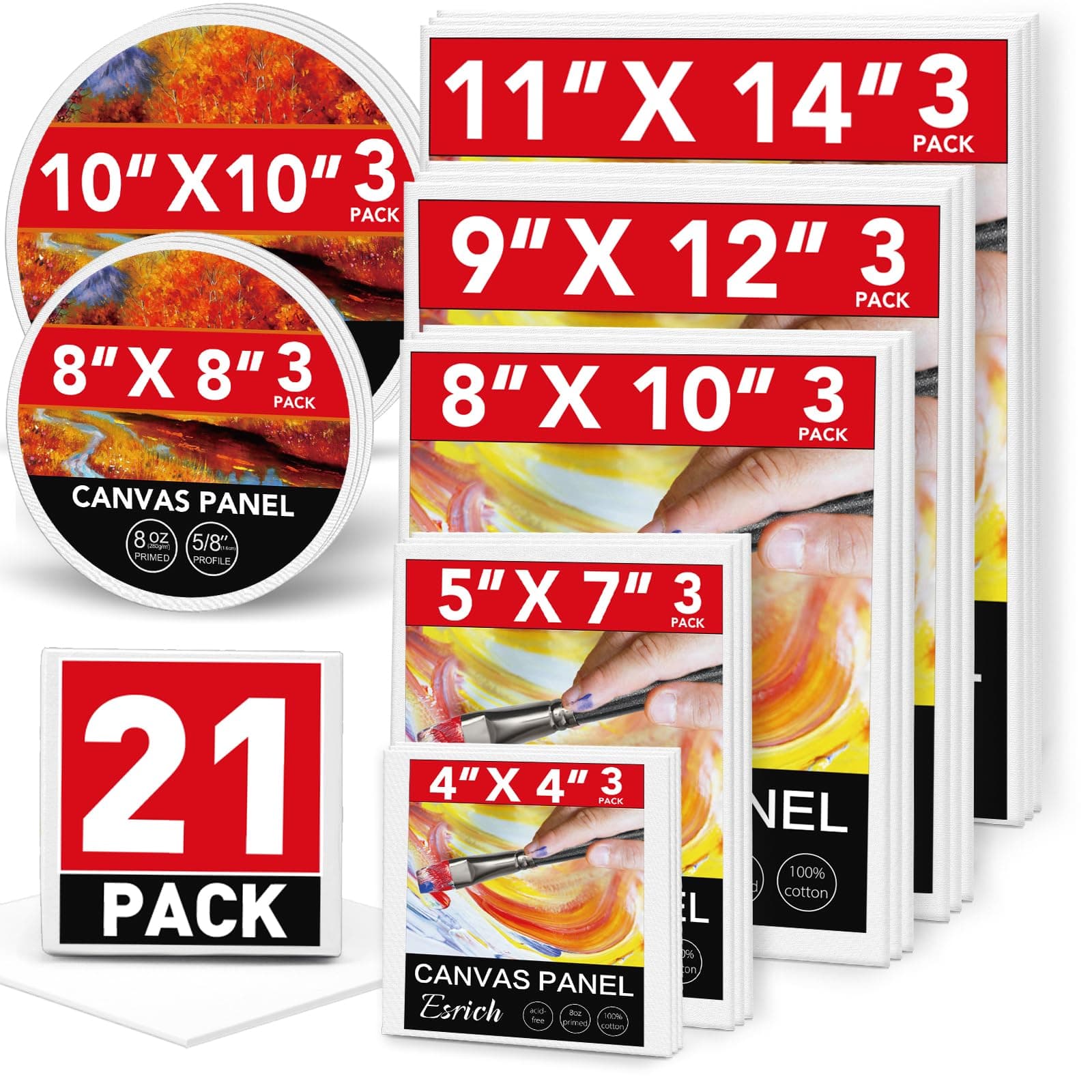 ESRICH Canvas Boards for Painting-21 Pack Blank Flat Canvas Boards-4x4, 5x7, 8x10, 9x12, 11x14, Round Canvas D8, D10, Cotton Primed Canvas Panels, Painting Canvas for Oil, Acrylic, Watercolor.