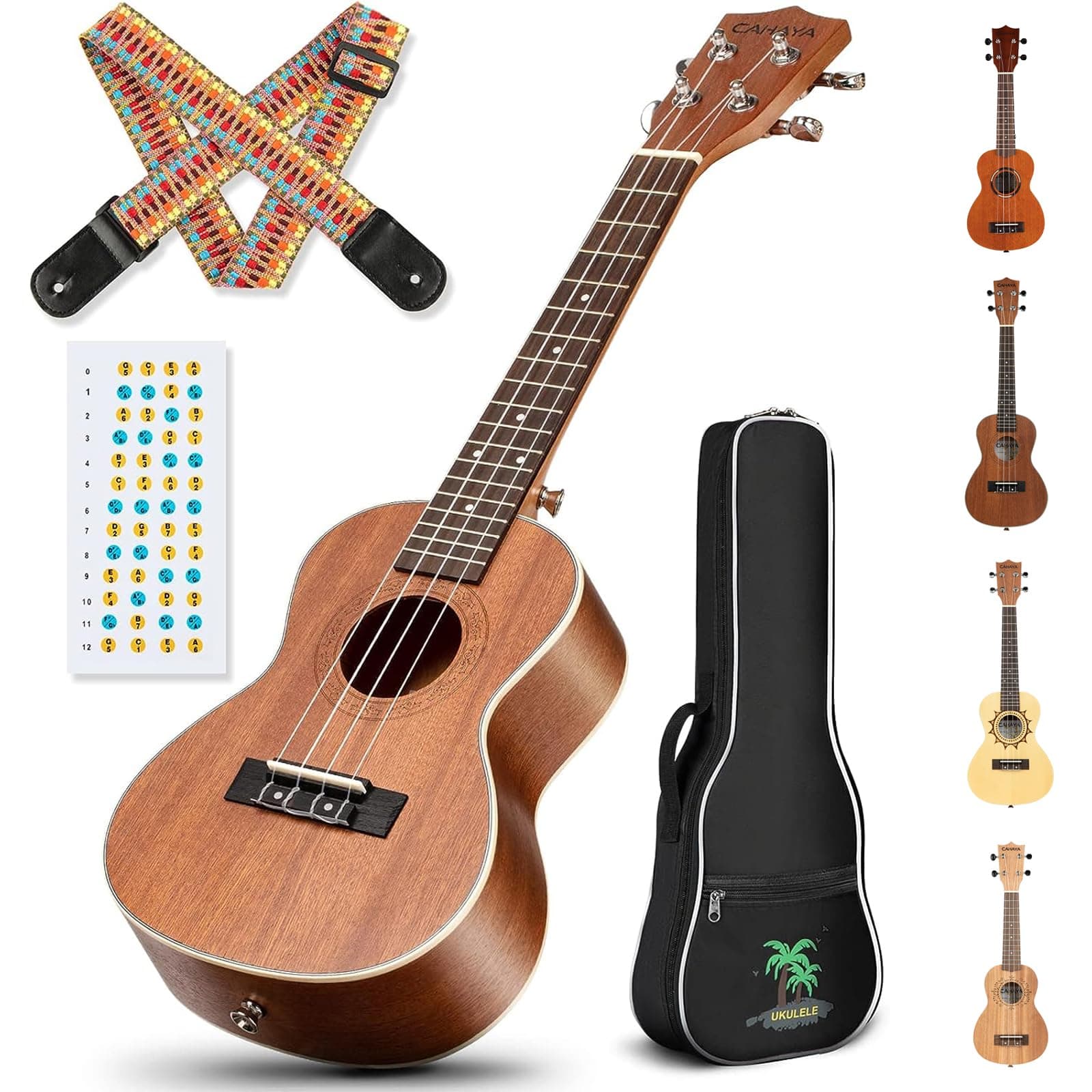 CAHAYA Concert Ukulele Kit Beginner Starter 23 Inch with Gig Bag, Rainbow Strap, Fretboard Stickers, for Adults Sapele, Model CY0070