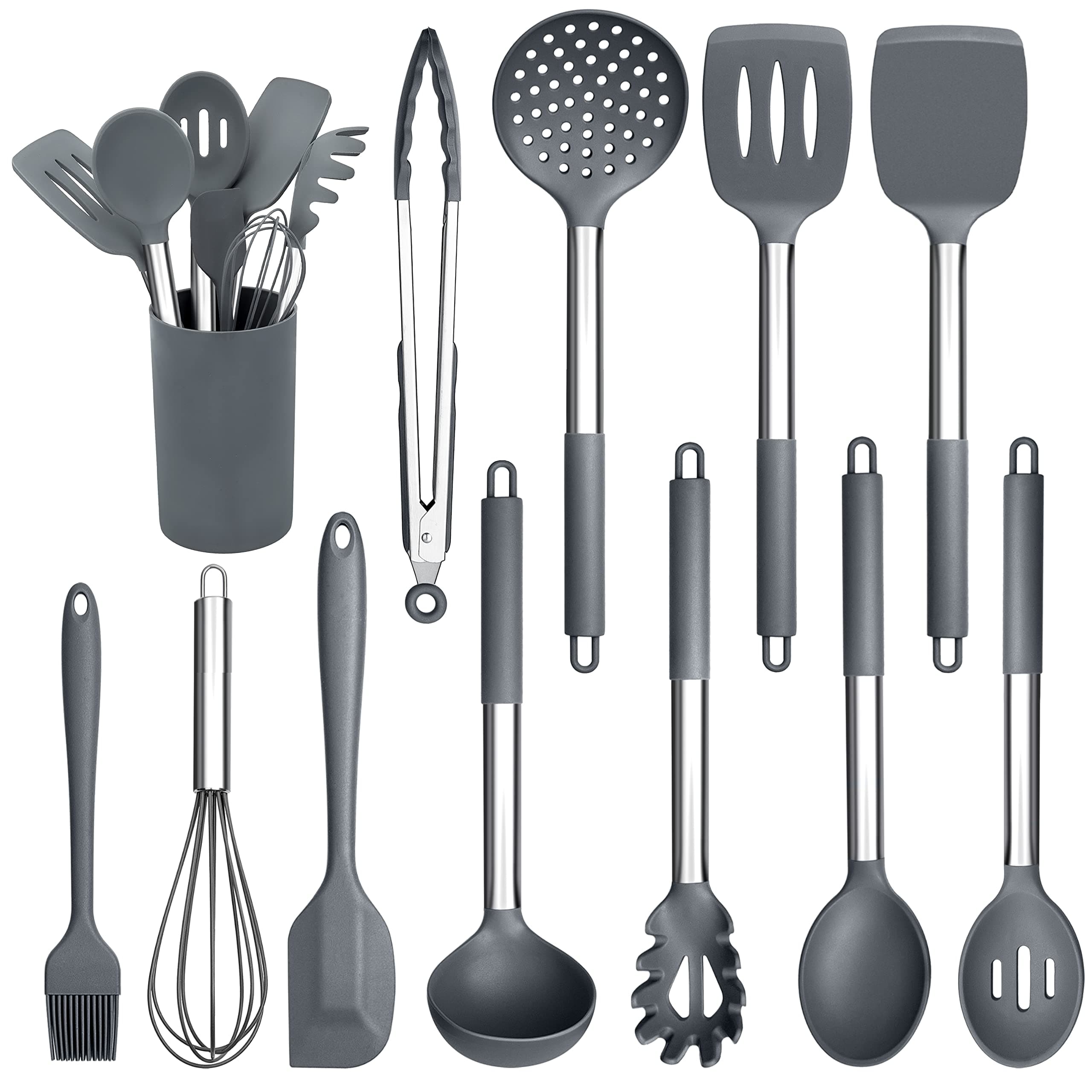 Kitchen Utensils Set, 12 Pieces Silicone Cooking Utensils with Stainless Steel Handle, Heat Resistant Cooking Tools Turner Spoon Spatula Set with Holder, Easy to Clean - Grey