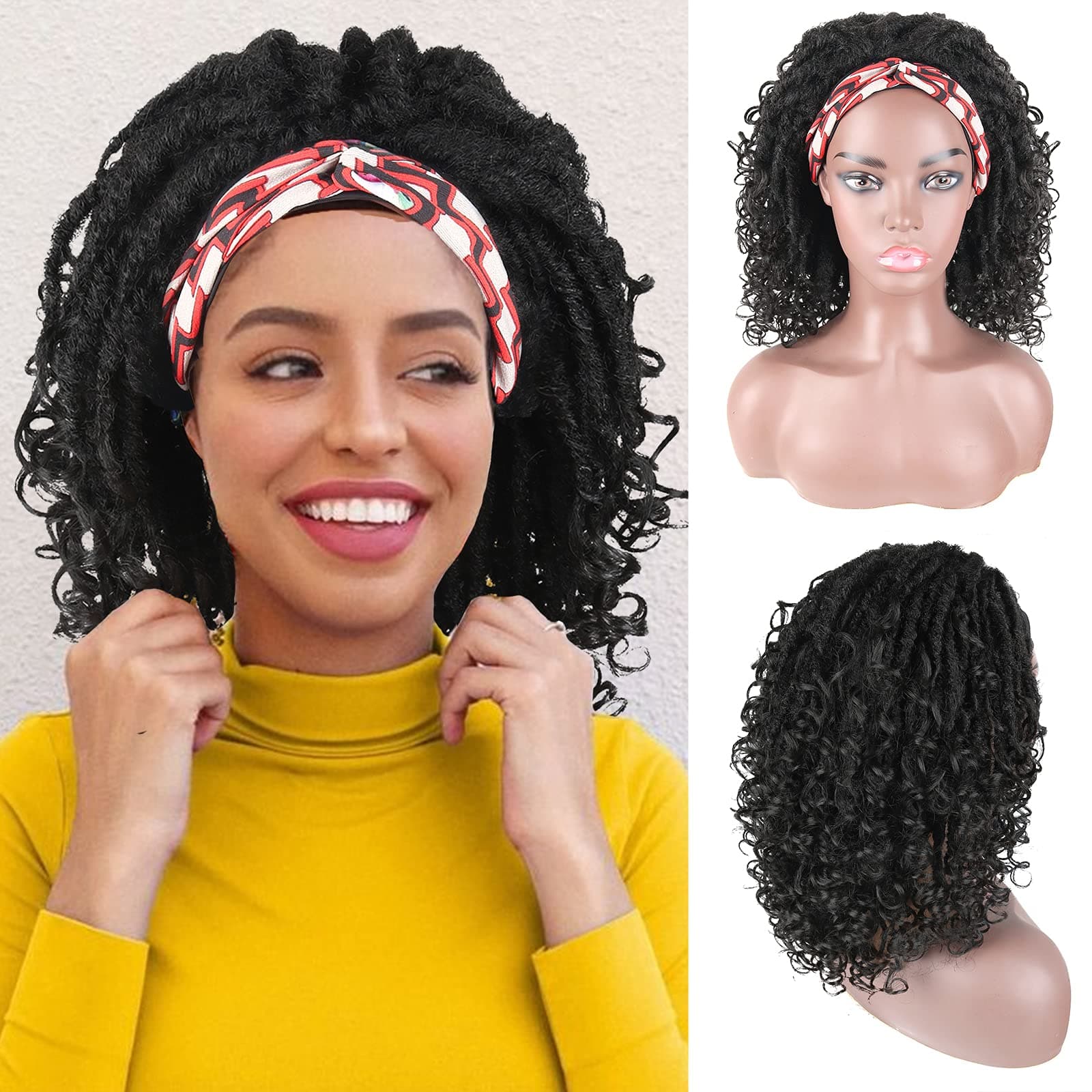 Oseti Dreadlock Wig Headband Wigs for Black Women Box Braid Crochet Twist Hair Dreadlocks with Afro Curly Wigs Ends Braided Faux Nu Locs Short Bob Black Half Wig with Turban Headband Attached 14 Inch