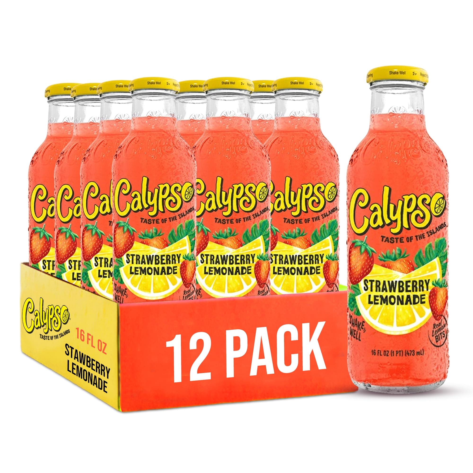 Calypso Lemonade, Strawberry Lemonade, Made with Real Fruit, 16 Fl Oz Glass Bottles (Pack of 12)