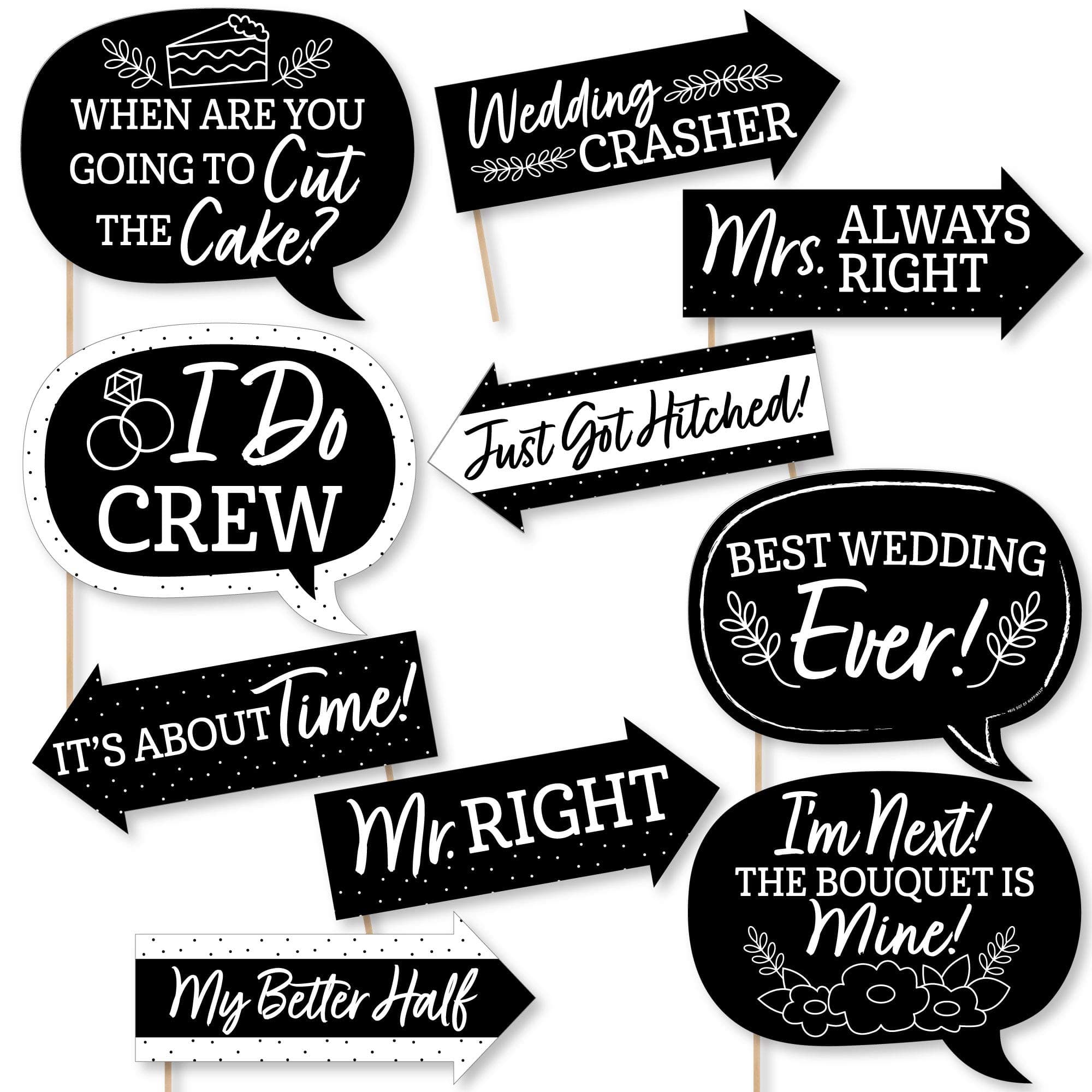 Funny Mr. and Mrs. - Black and White Wedding or Bridal Shower Photo Booth Props Kit - 10 Piece