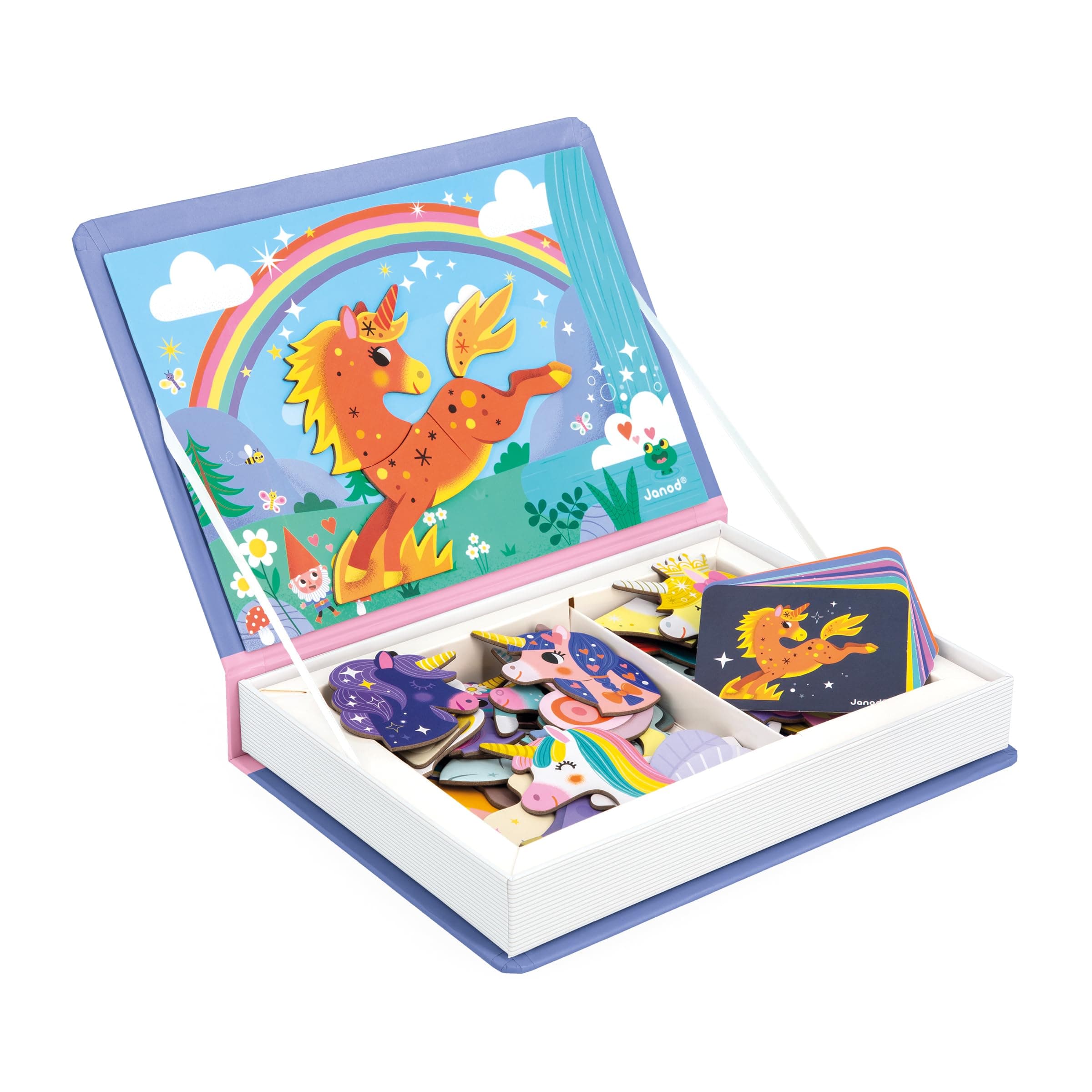 Janod - Magnéti'Book Unicornes - Magnetic Educational Game 44 Magnets + 10 Models - Children's Toy Made of Cardboard - Develops Dexterity and Imagination - Ages 3 and Above