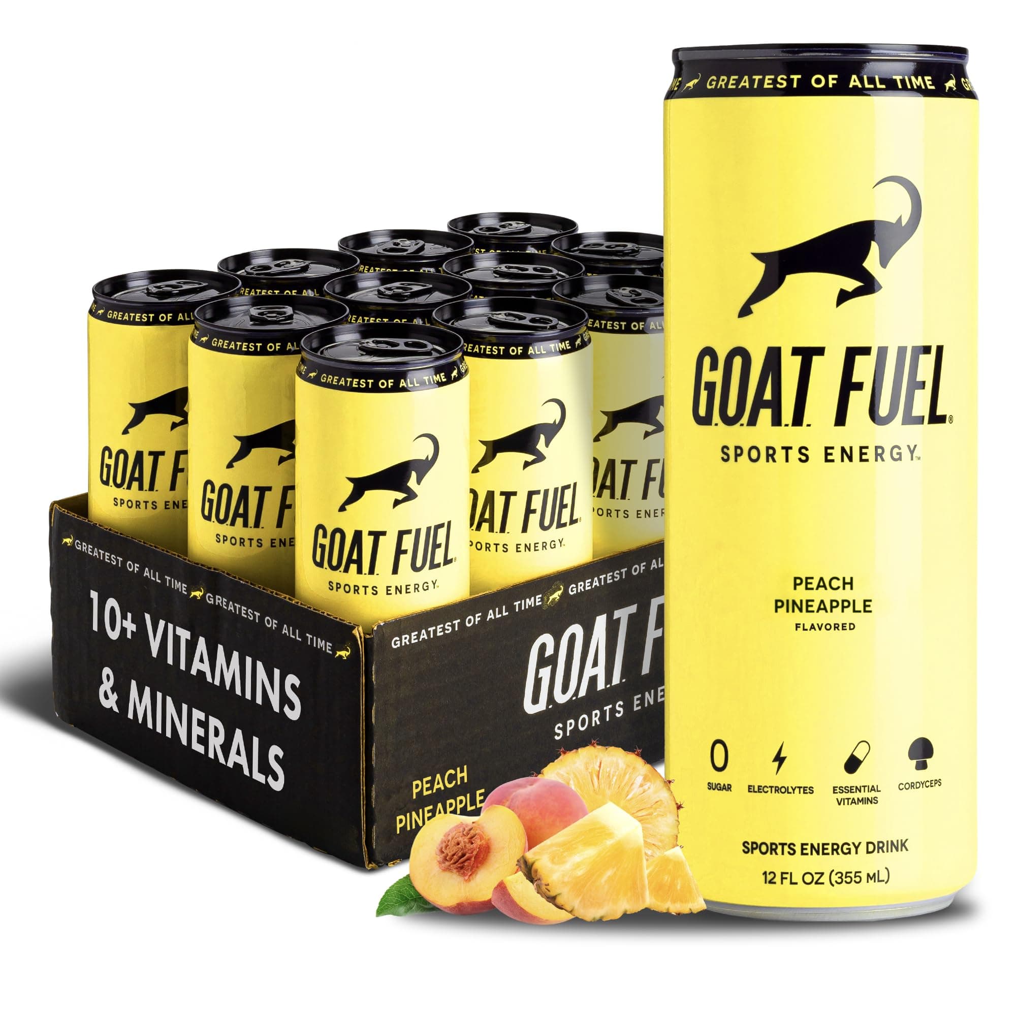 New G.O.A.T. Fuel® Energy Drink - Sugar-Free Pre-Workout Energy- Increase Mental and Physical Performance - With Cordyceps Mushrooms, BCAAs and Electrolytes (Pack of 12) (Peach Pineapple)