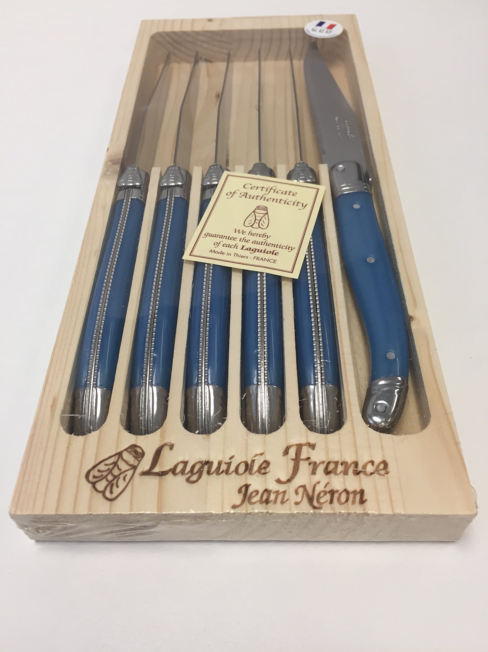 Neron Coutellerie Laguiole 6 Piece Set Steak Knives with Plated Blue Handle in Wooden Box by Jean Neron