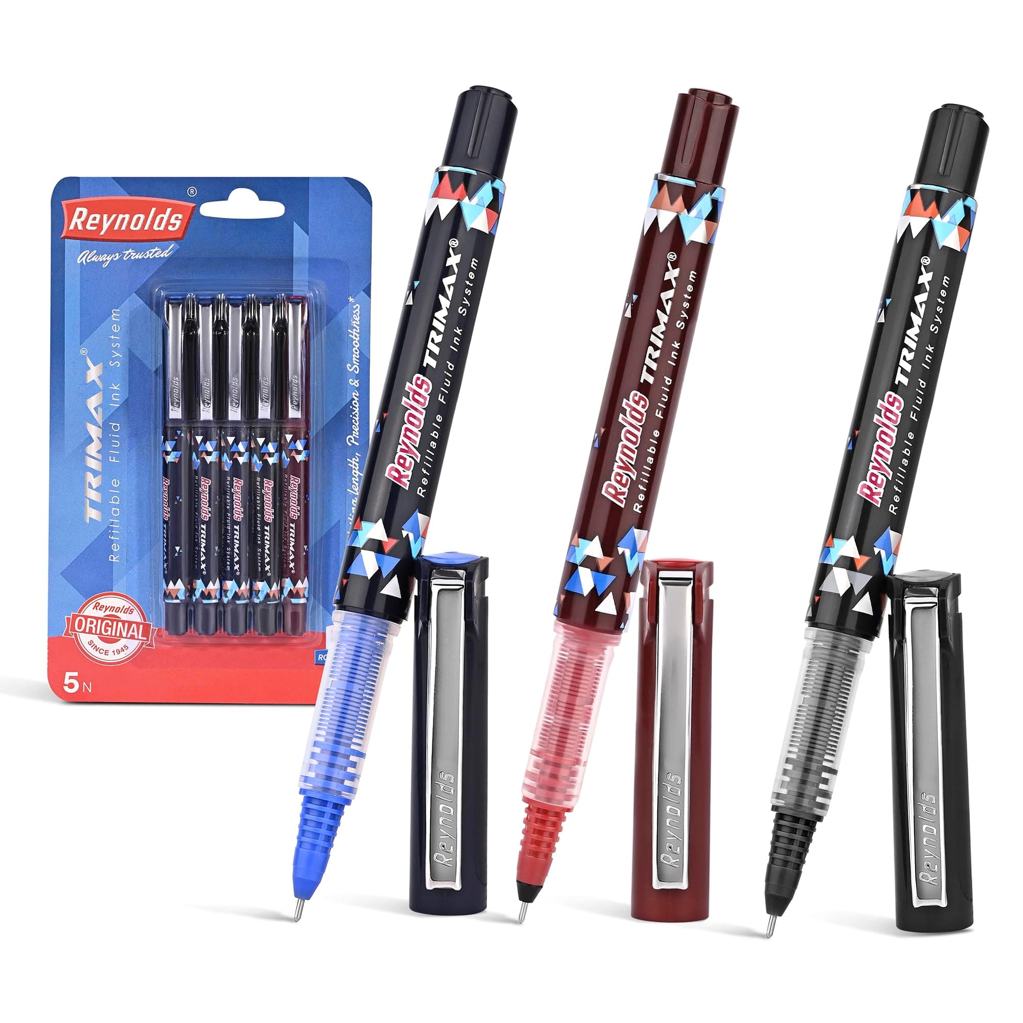 Reynolds TRIMAX RollerBall Pen SET - 5 PENS (3 BLUE 1 BLACK 1 RED)| ROLLER BALL PEN FOR WRITING | PEN FOR STUDENTS & OFFICE STATIONERY | 0.5 mm TIP SIZE