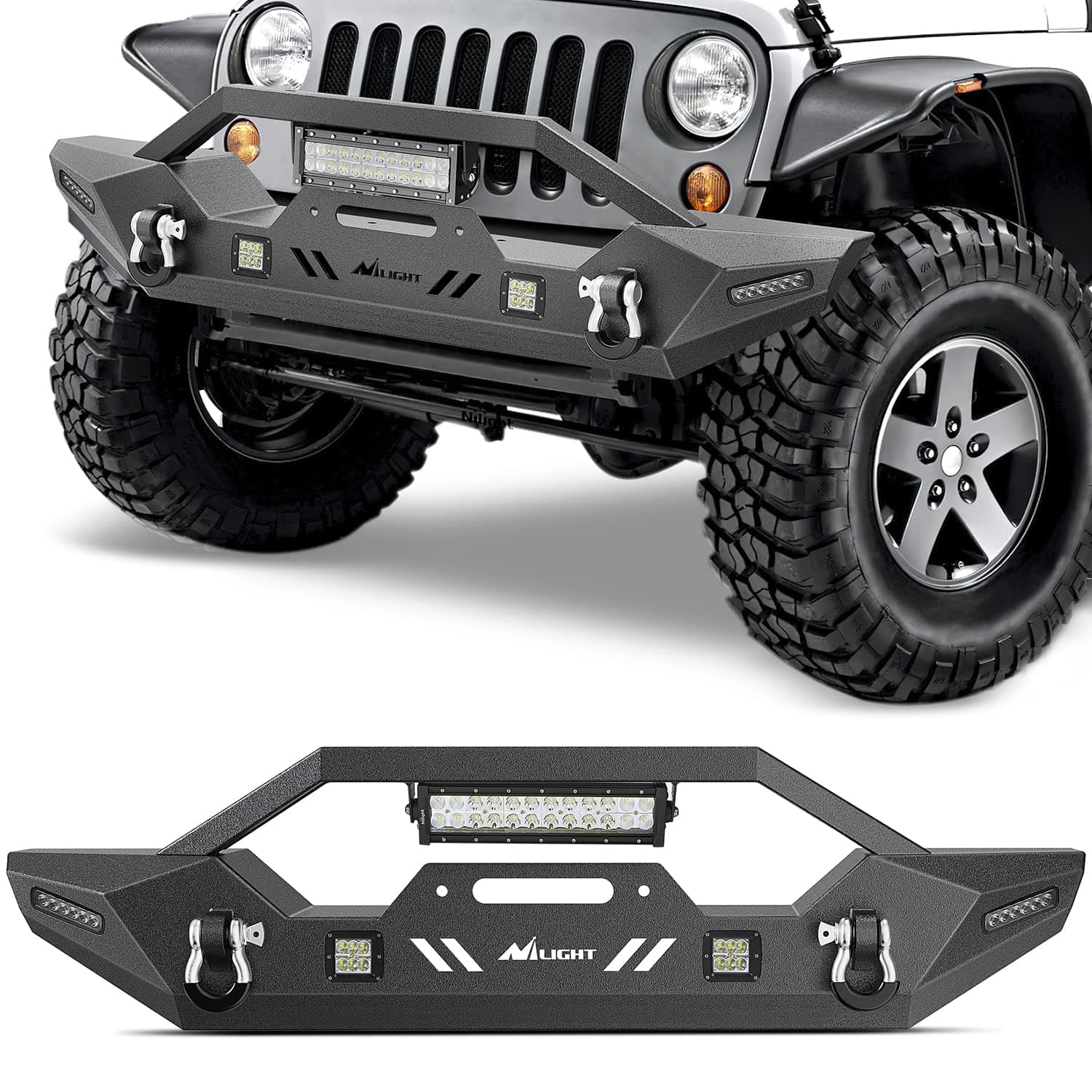 Front Bumper Compatible for 2007-2018 Wrangler JK/JKU 2018-2025 JL/JLU 2020-2025 Gladiator JT with 72W LED Bar 2 x 18W Pod 2X 18W Single Row Winch Plate