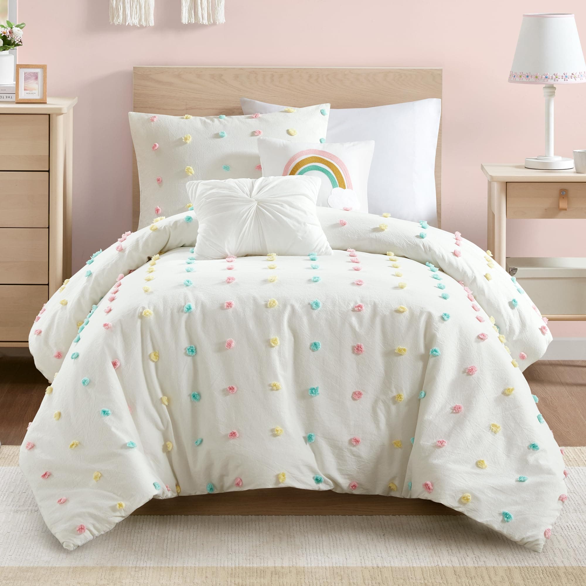 Callie Girls Twin/Twin XL Comforter Set, Ivory 4-Piece Kids Bedding, 100% Cotton Tufted Pom Pom Tufted Jacquard, All Season Down Alternative, Cozy Shabby Chic Bedroom Décor