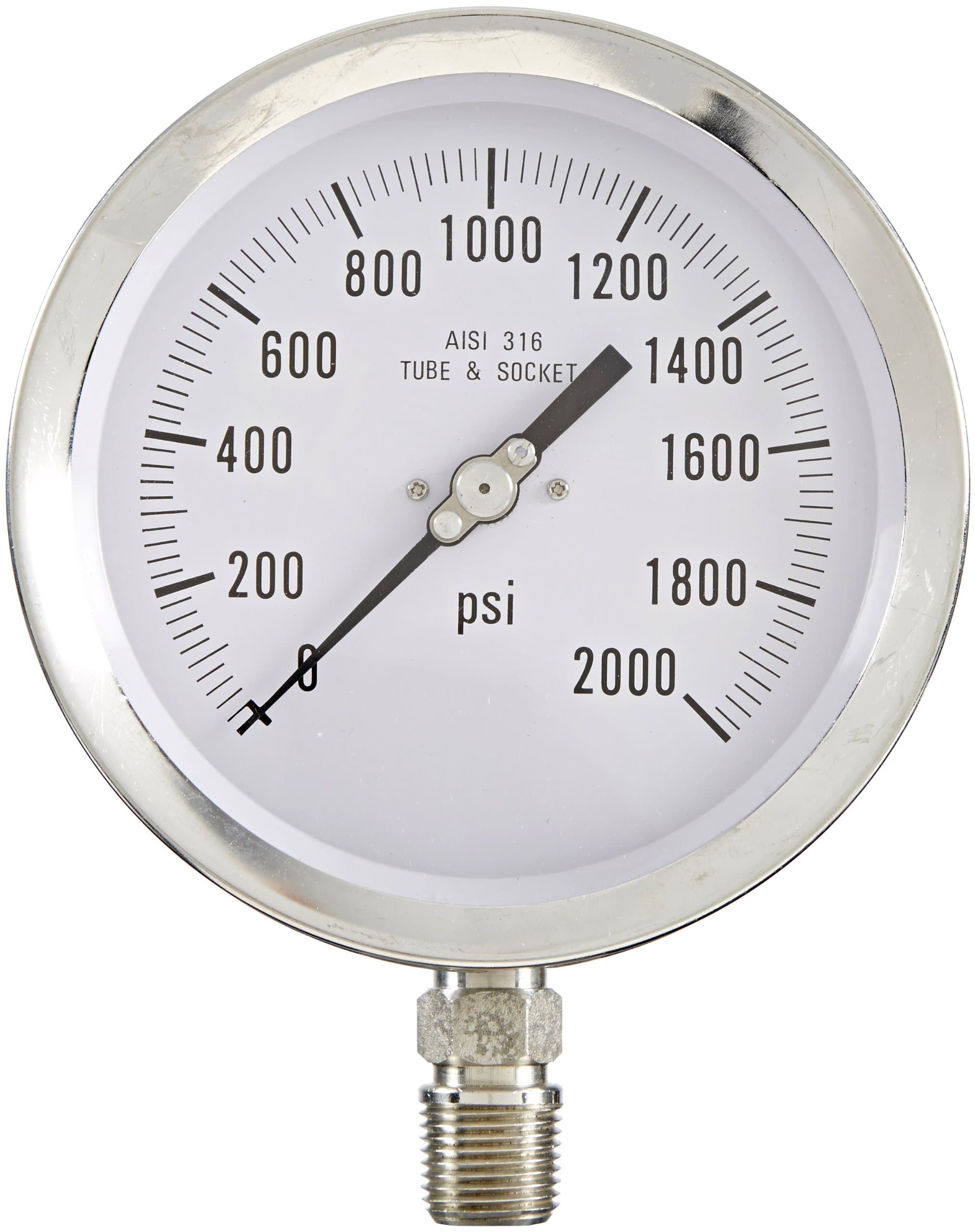 PIC Gauge 4501-SC-2LO 4.5" Dial, 0/2000 psi Range, 1/2" Male NPT Connection Size, Bottom Mount Dry Process Pressure Gauge with a Stainless Steel Case and Internals, Removable Stainless Steel Bezel, and Polycarbonate Lens
