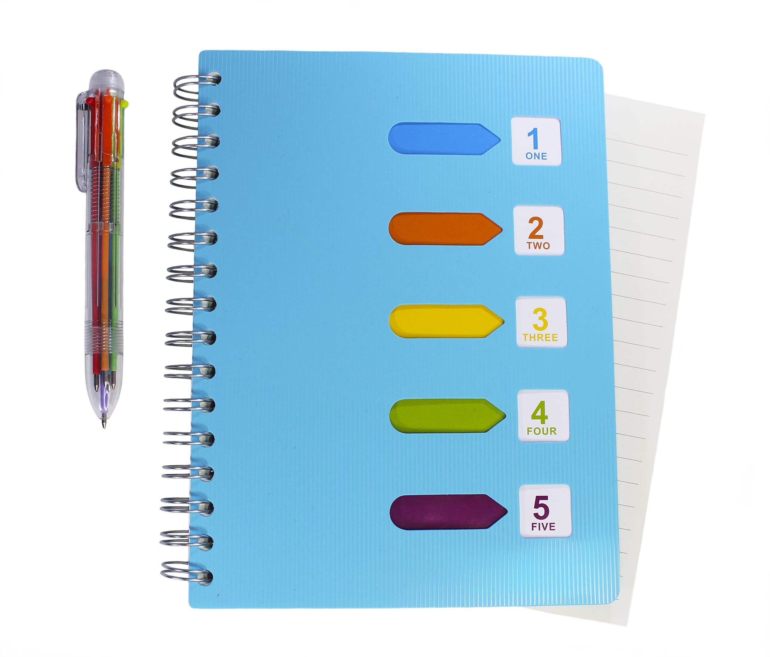 Lined Notebook & Multicolor Pen - 200 Pages A5 Planner Journal & 6-in-1 Retractable Ballpoint Multi Color Pen & Includes E-book - Best for Note Taking - College Ruled Spiral Notebook