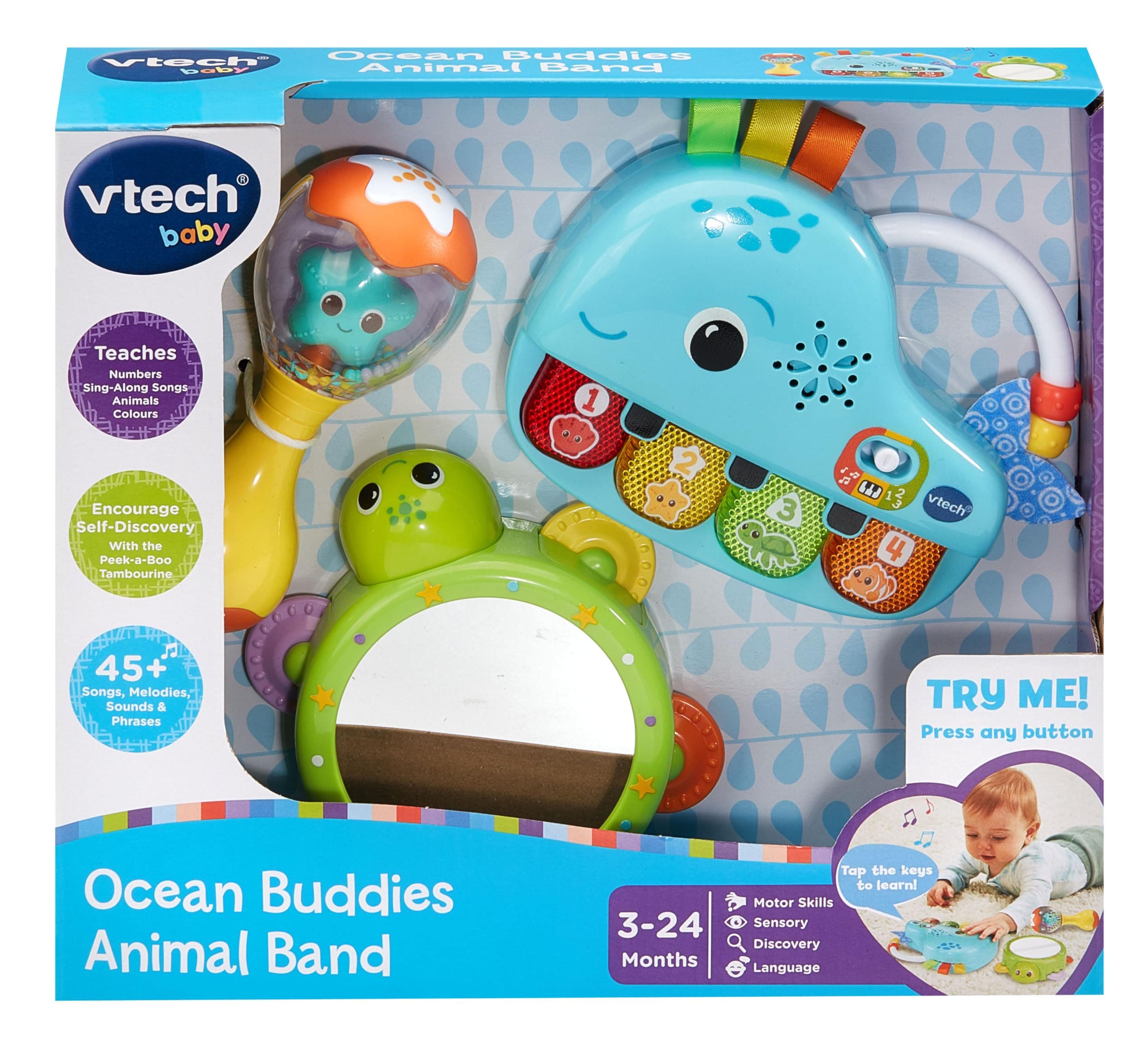Baby Ocean Buddies Animal Band, 3 Interactive Musical Instruments with Sounds and Phrases, Teaches Animals and Colours, Music Toy, Gift for Babies 3, 6, 12, 18 Months Plus, English Version