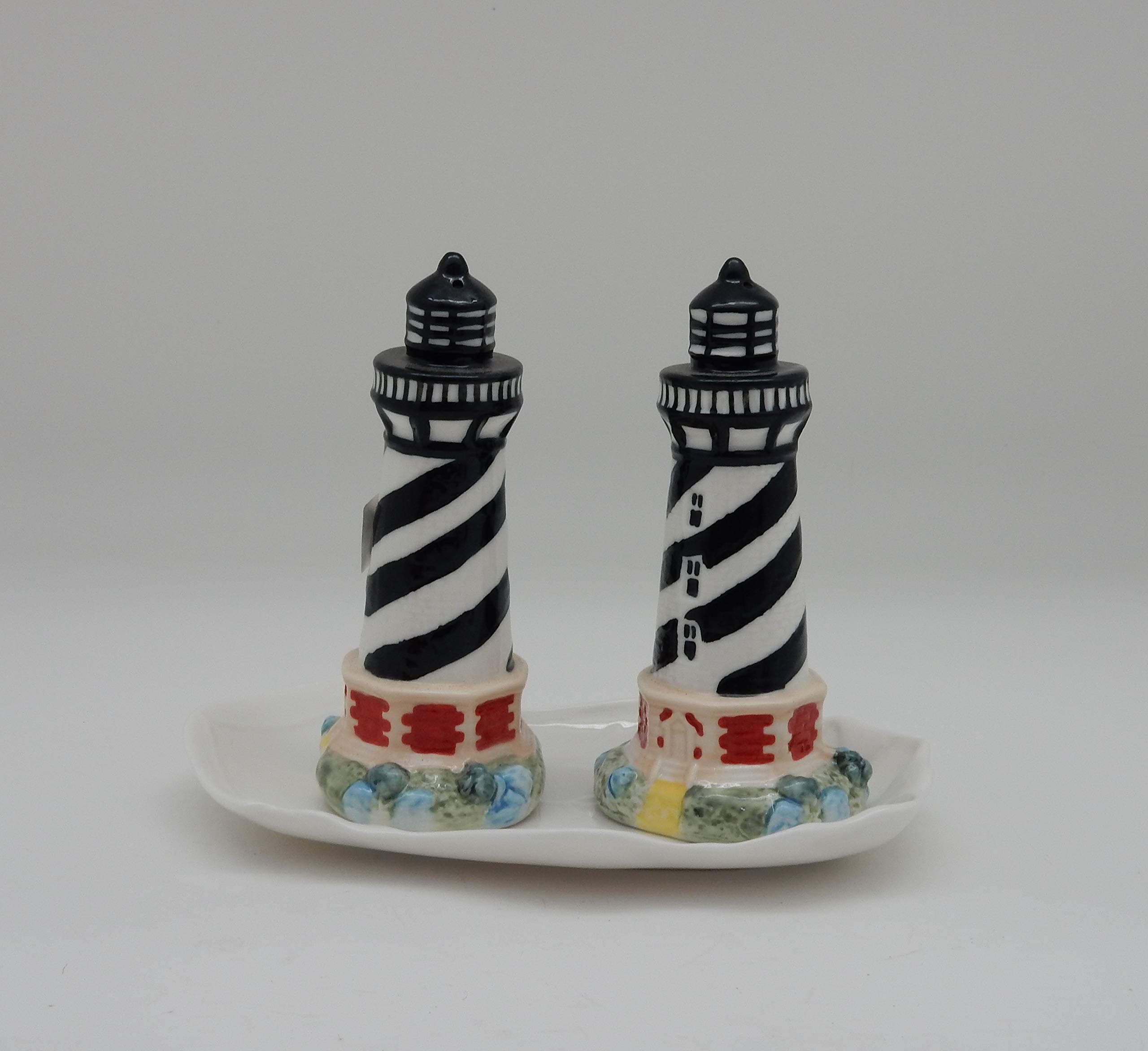 Green Pastures Wholesale Tray Lighthouse Porcelain Salt and Pepper Shakers, 5-Inch Tall and 7-Inch