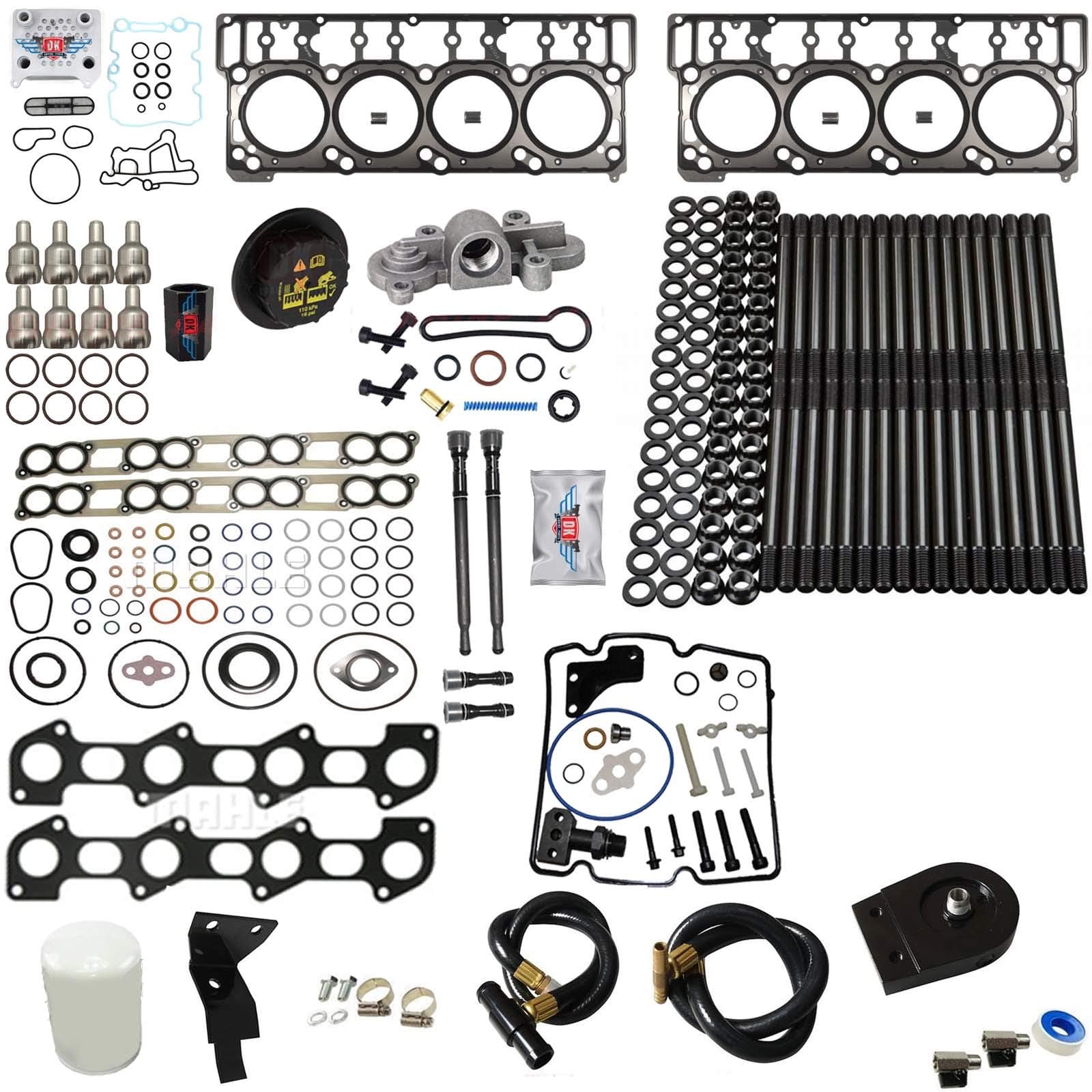 6.0L Revive #4 Kit w/Aftermarket Studs Head Gaskets Oil Cooler Stand Pipes Coolant Filtration Blue Spring Gskts STC - Fits Ford 6.0L Powerstroke Kit - 03-05.5 18MM Dowel - DK Engine Parts (18-4R)