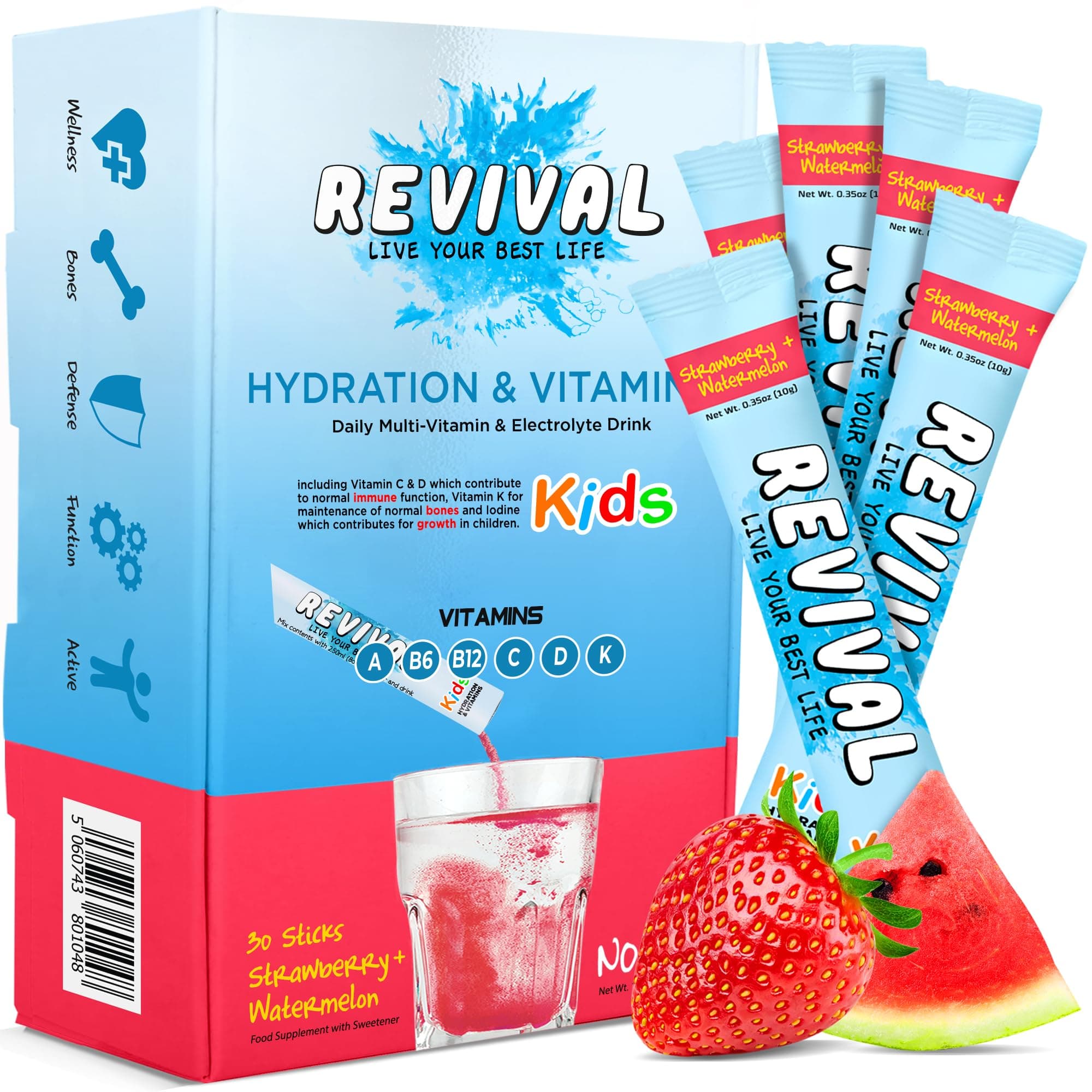Revival Kids Hydration Vitamin Drink - Electrolyte Squash with Vitamins D, A, C, K, B6, B12 - Immunity, Growth, Development | Strawberry & Watermelon | 6 Pack