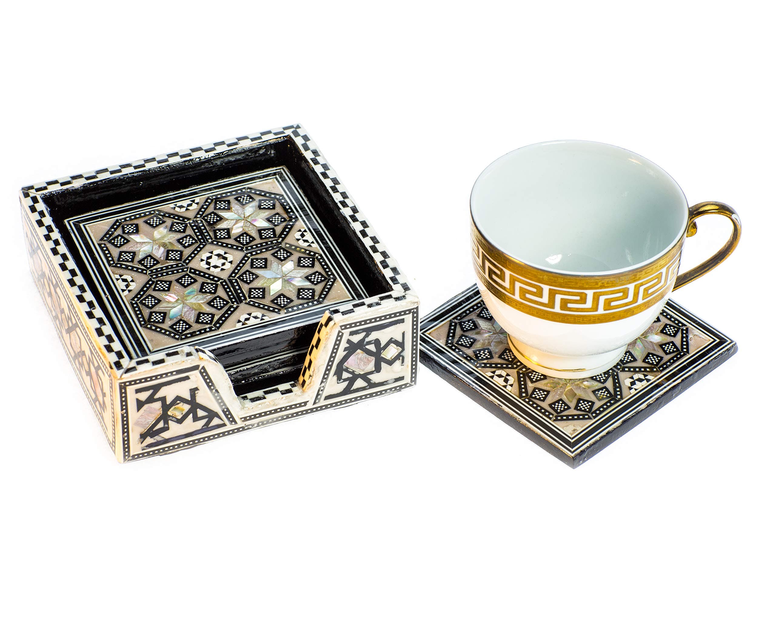 Arts of Egypt- Elegant Egyptian Inlaid Mother of Pearl 6 Coaster Set with Holder