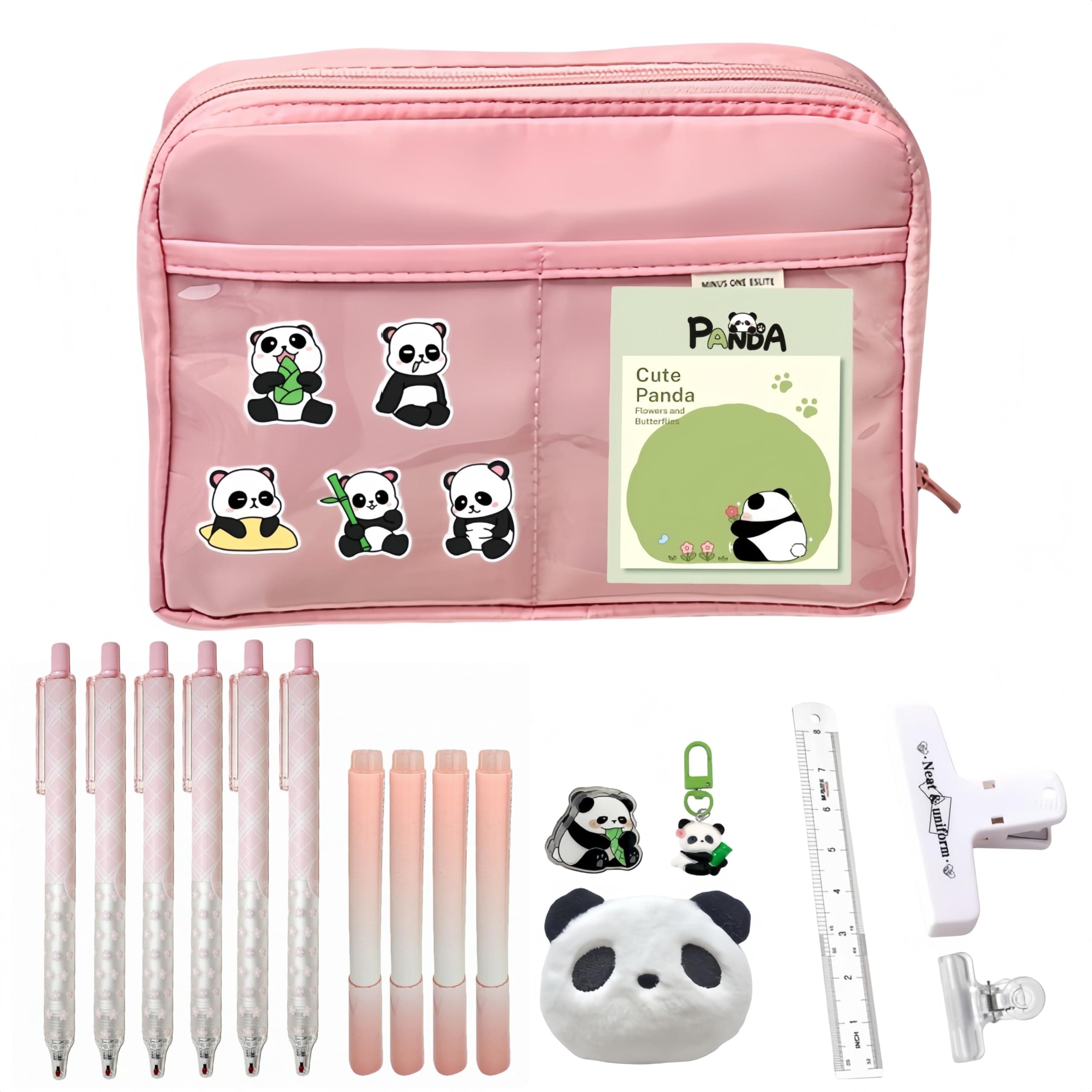 Kawaii Aesthetic Pencil Case 23PCS Set - Large Capacity Cute Pen Pouch Bag, Contains 10 Kinds of Accessories: 6 Pens, 4 Highlighters, Clips, Ruler and Cute Panda Brooches, Stickers, Pendants (Pink)