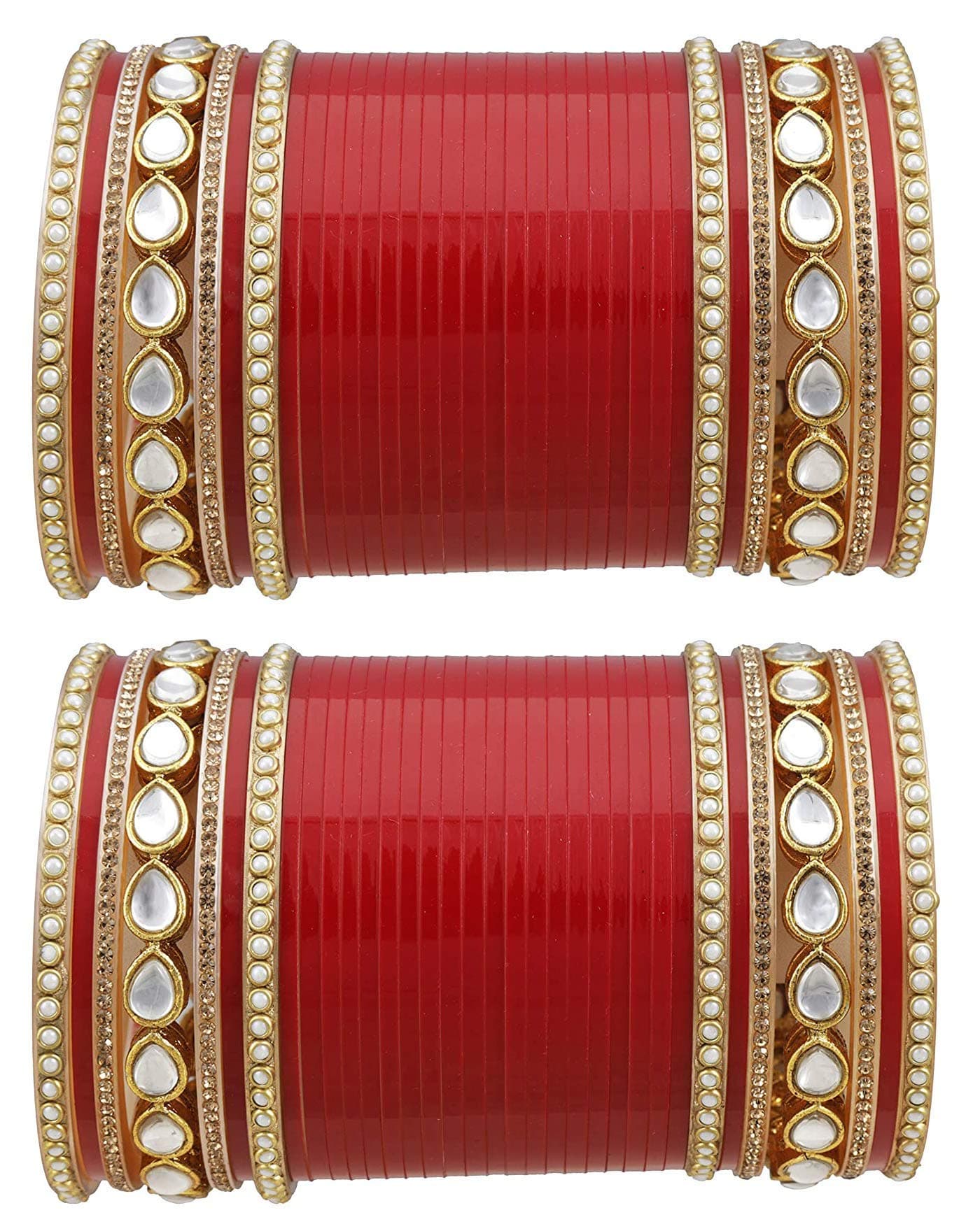 Chinar Jewels RED BRIDAL CHURA FOR WEDDING CHUDA WITH KUNDAN AND TRADITIONAL KADAS SET OF 78. SIZE(2.4)