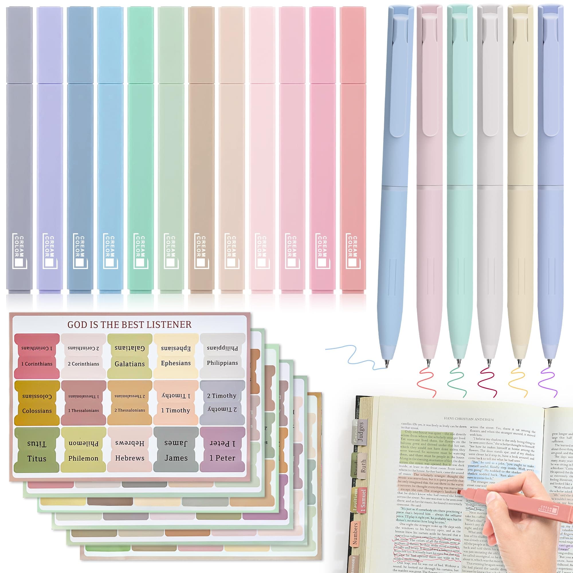 12 pcs No Bleed Highlighters & 6 pcs 0.5mm Smooth Gel Pens Set with 90 Bible Tabs for Study Easy Navigation for Women/Men (73 Pre-Printed & 17 Blank Tabs), for Notes, Bible, School, Office