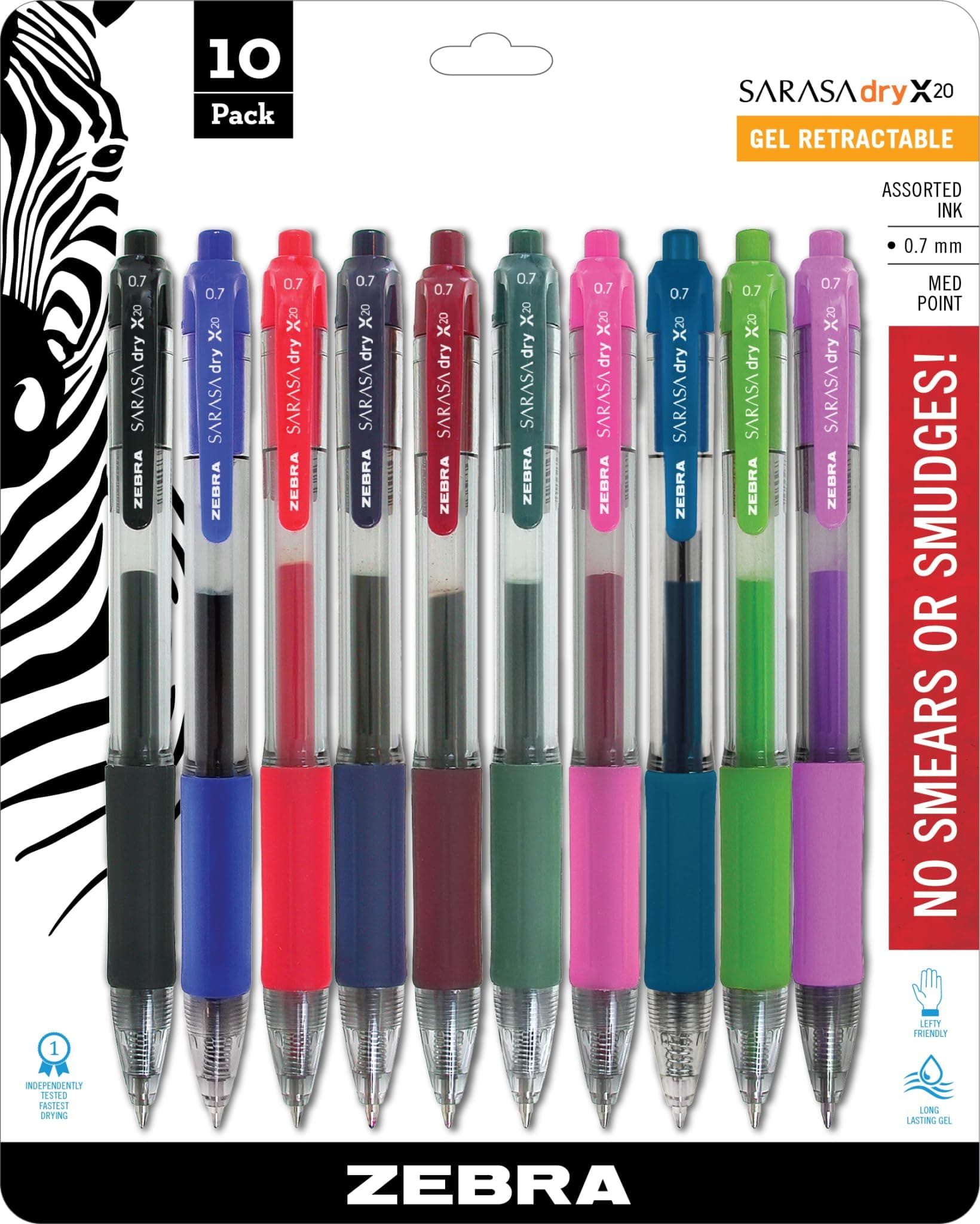 Sarasa Dry X20 Retractable Gel Pens, 0.7mm Medium Point, Assorted Ink Colors with Rapid Fast Dry Ink Technology, Ideal for the Left Handed, Elimates Smearing in Seconds, 10-Pack (46881)
