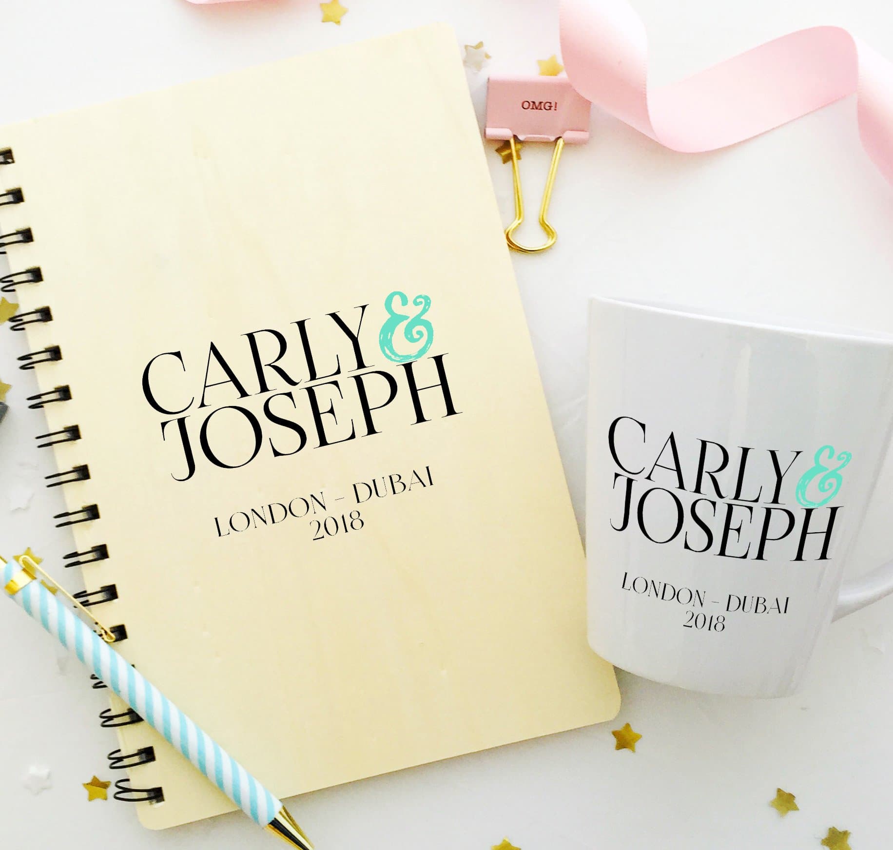 Personalised Wooden Wedding Day / Honeymoon Planner Notebook and Latte Mug Tiffany Blue