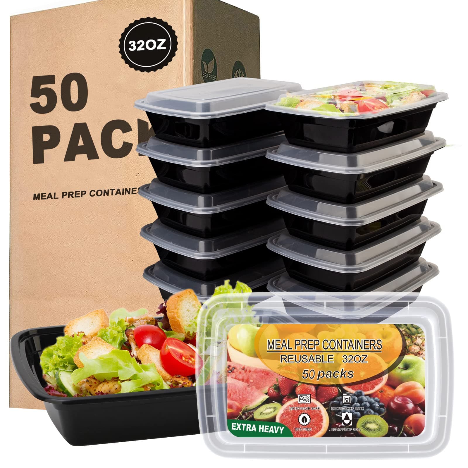 50 Pack- Meal Prep Containers 32oz, Plastic Food Prep Containers Reusable, Leakproof To Go Food Containers with Lids, BPA-Free, Microwave/Dishwasher/Freezer Safe