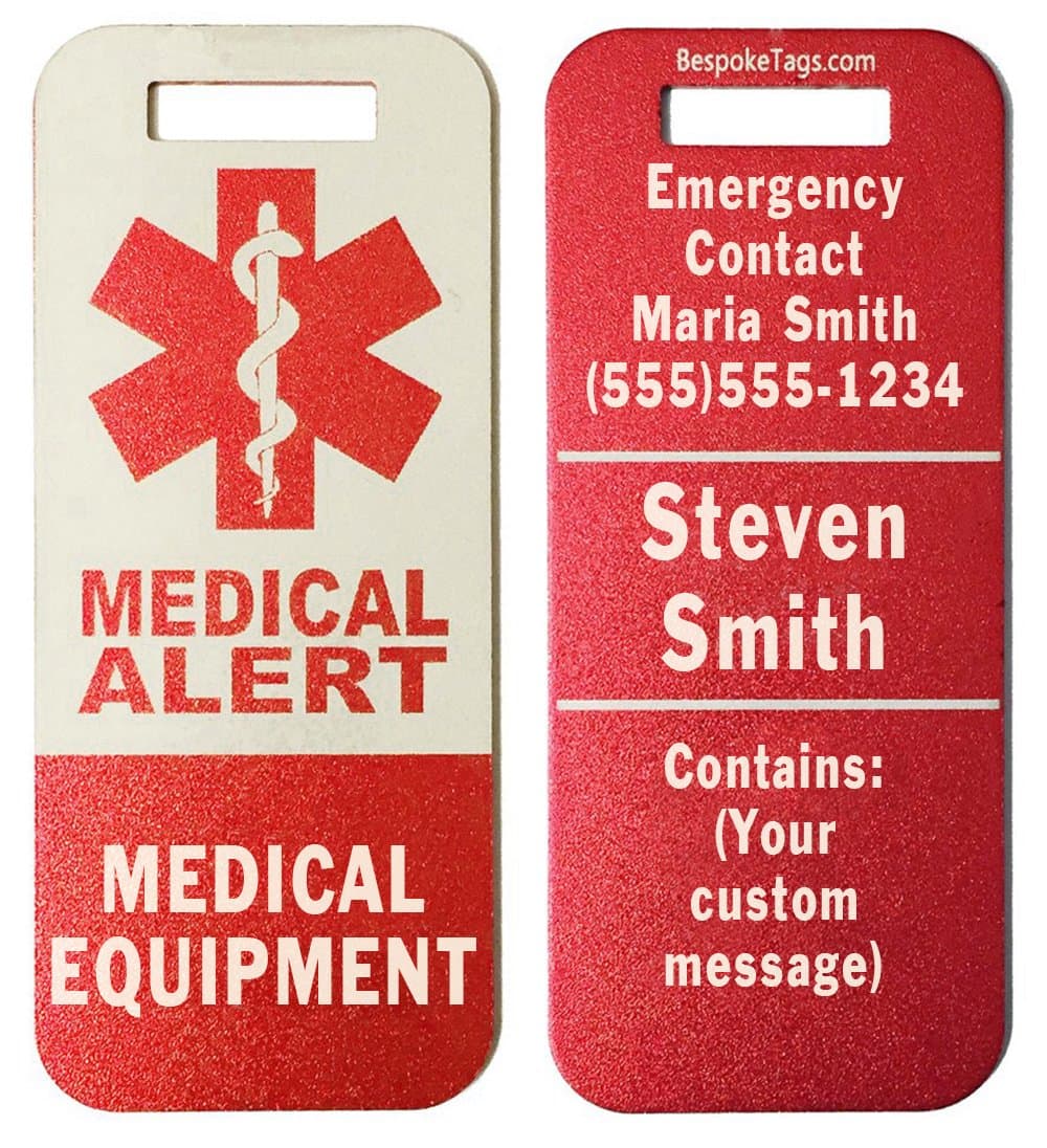Medical Alert Tag"Medical Equipment" - Customized Engraved Info (Red)