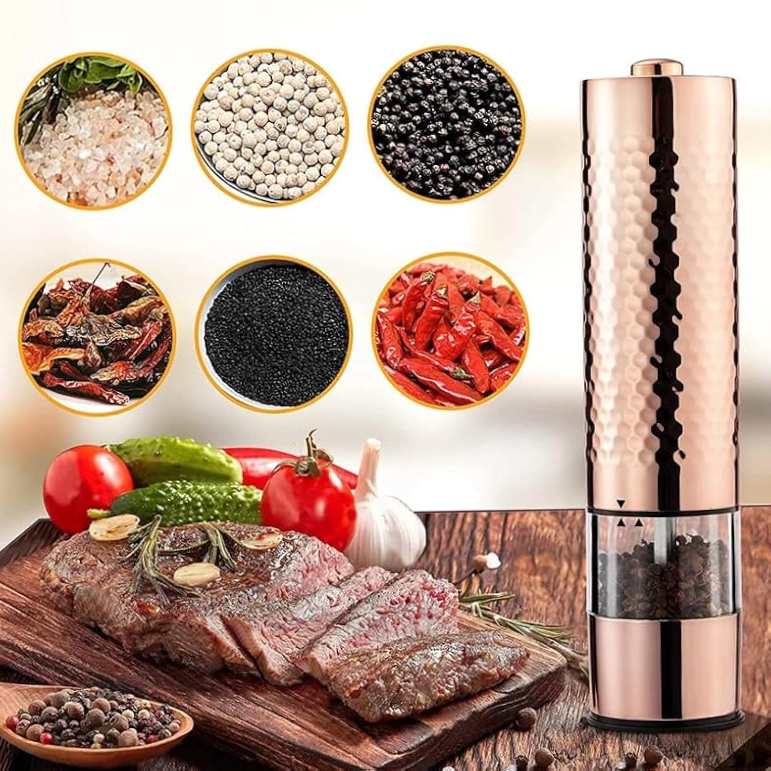 Exquisitely Reflective Dining Centerpiece: Rose Gold Hammered Copper Finish Electric Salt Pepper Mill with Long Lasting Ceramic Grinder