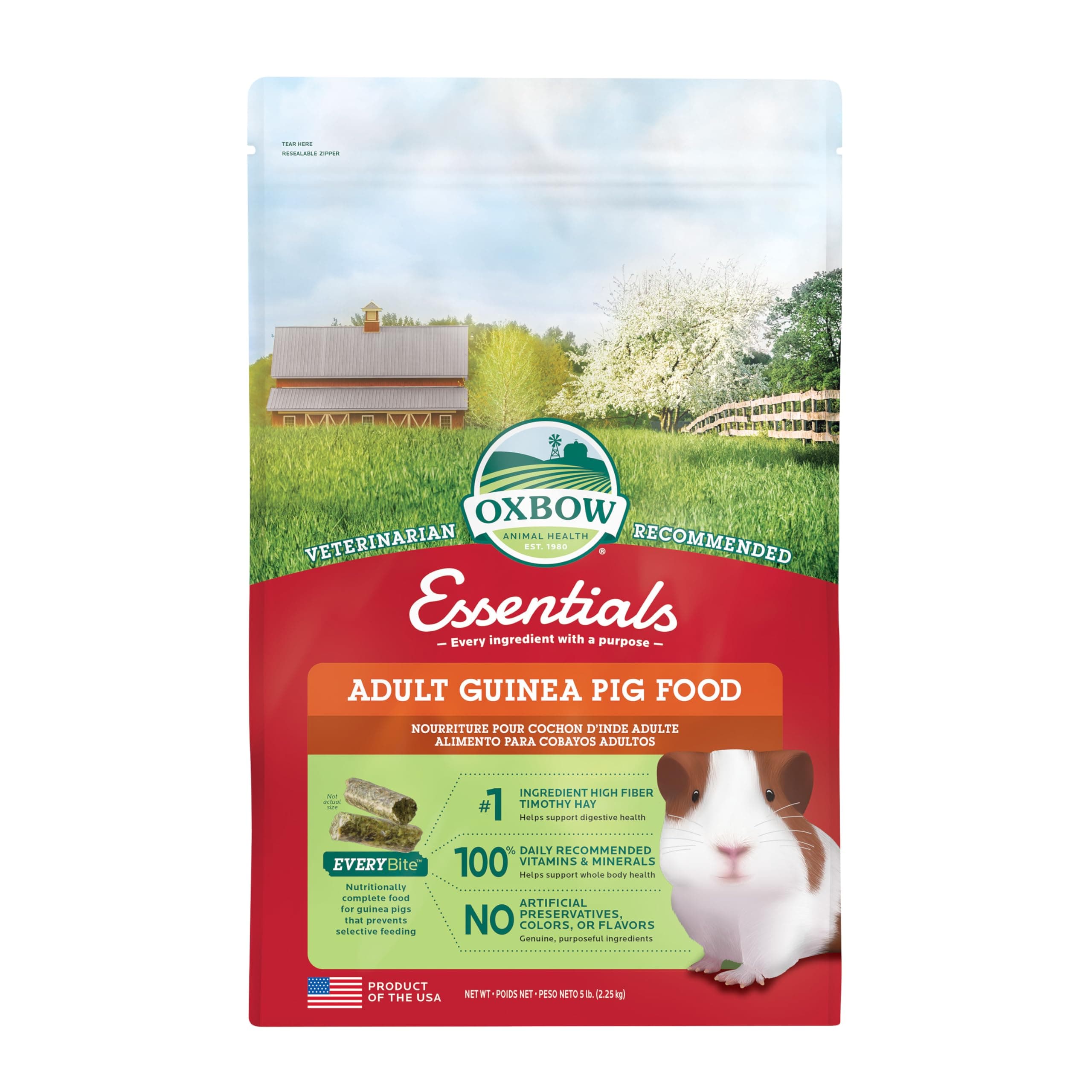 Essentials Adult Guinea Pig Food - All Natural Adult Guinea Pig Pellets- Veterinarian Recommended- No Artificial Ingredients- All Natural Vitamins & Minerals- Made in the USA - 5 lb.