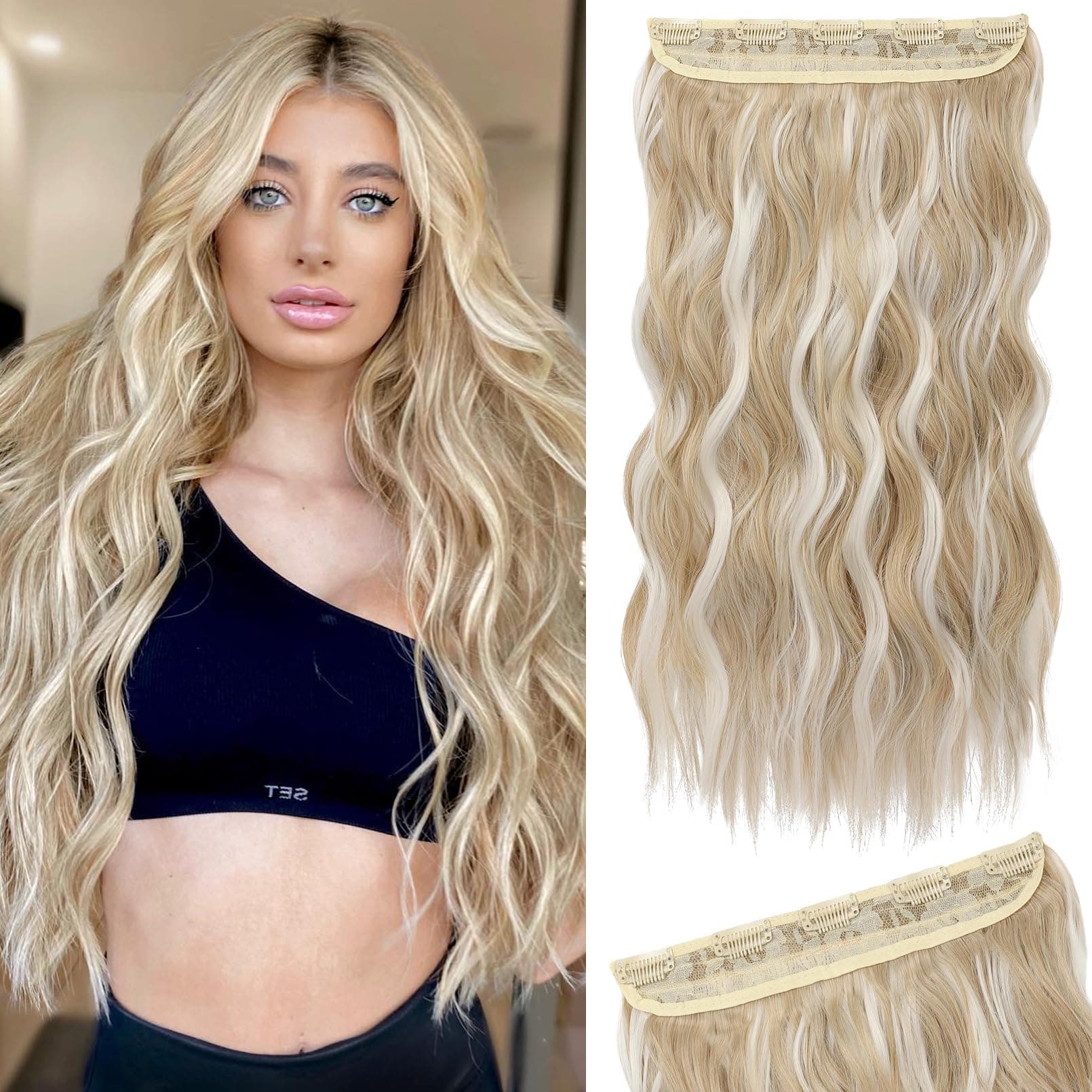 REECHO Blonde Hair Extensions, 20” One Piece Clip in Hair Extensions Thick Long Beach Wavy Natural Soft Synthetic Hairpieces for Women, Ash Blonde with Highlights