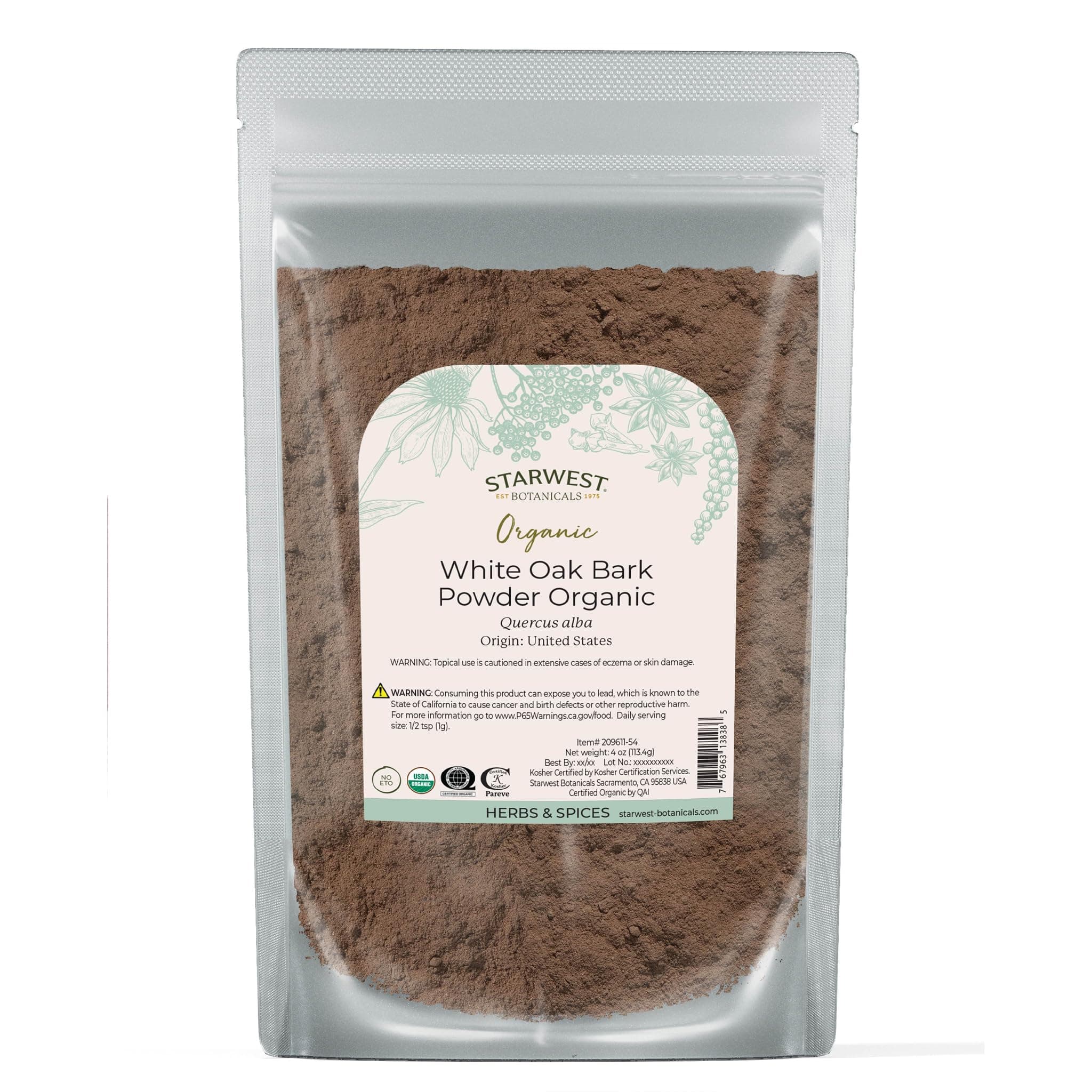 Starwest Botanicals White Oak Bark Powder Organic - Dried Herb for Tea & Natural Herbal Blends, Pure Quercus Alba, Certified Kosher, Non-GMO - 4 oz Pouch