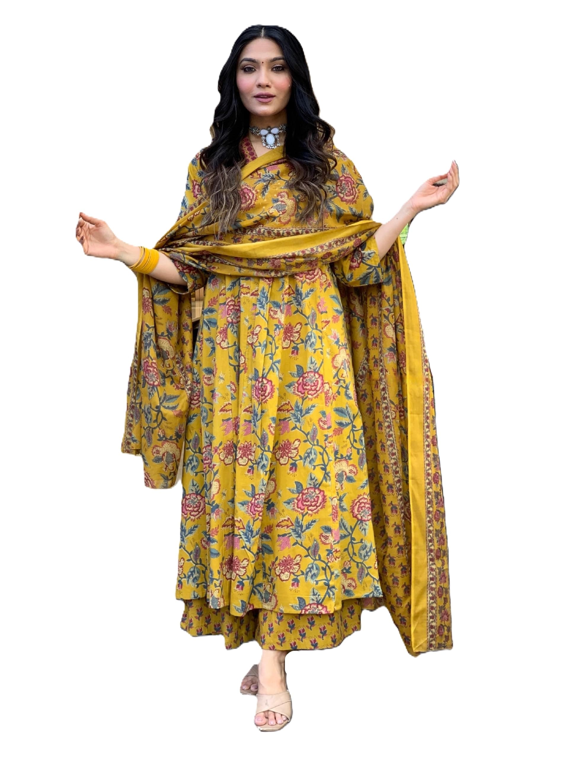 Arayna Women's Pure Cotton Block Printed Kurta Set with Palazzo Pants & Dupatta - Ethnic Wear, Yellow