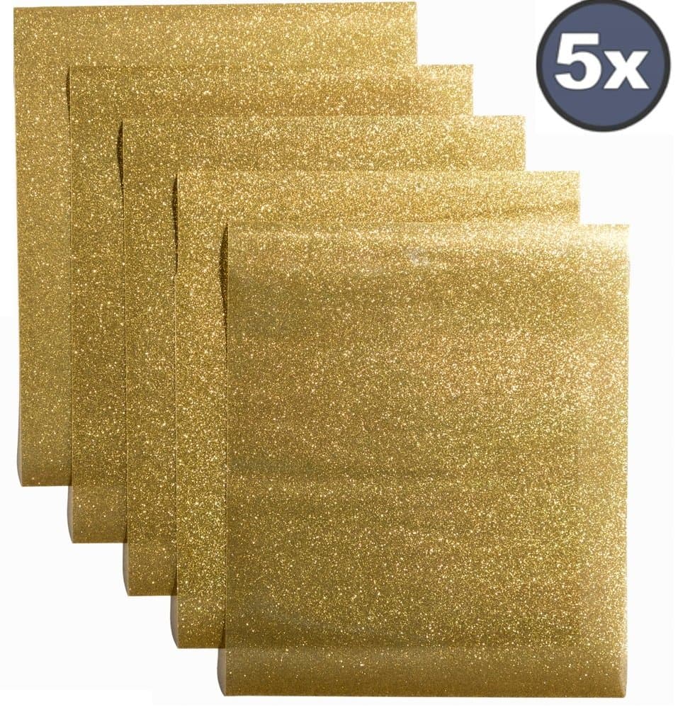 5 Gold Color Premium Quality Glitter HTV Sheets (12 by 10 Inches) for T-Shirts and Other Fabrics - Press on HTV Vinyl for Silhouette Cameo, Cricut, Craft Cutters and More