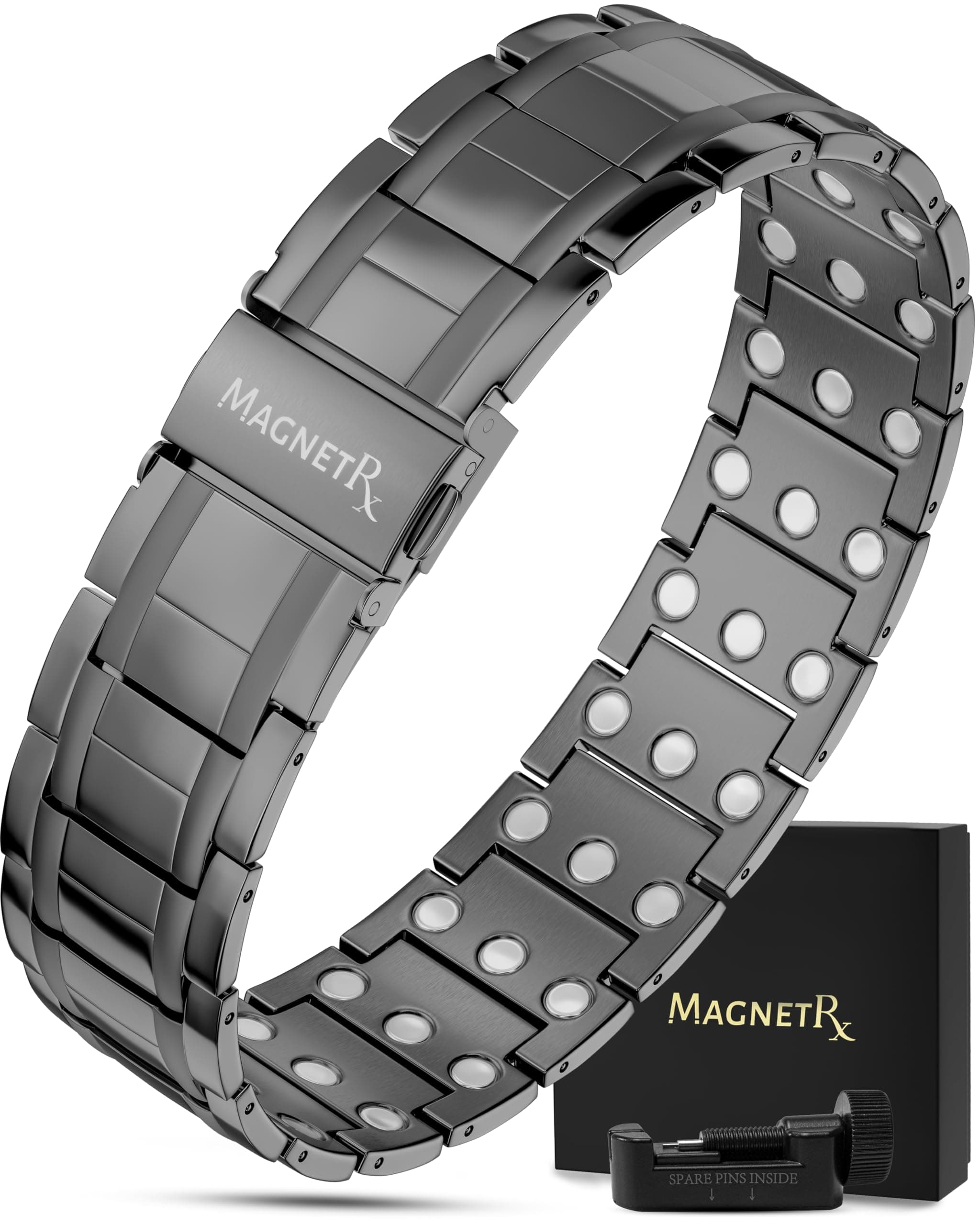 MagnetRX® 3X Strength Magnetic Bracelets for Men – Effective Magnetic Mens Titanium Bracelet – Premium Fold–over Clasp & Adjustable Length with Sizing Tool & Gift Box (Gunmetal)
