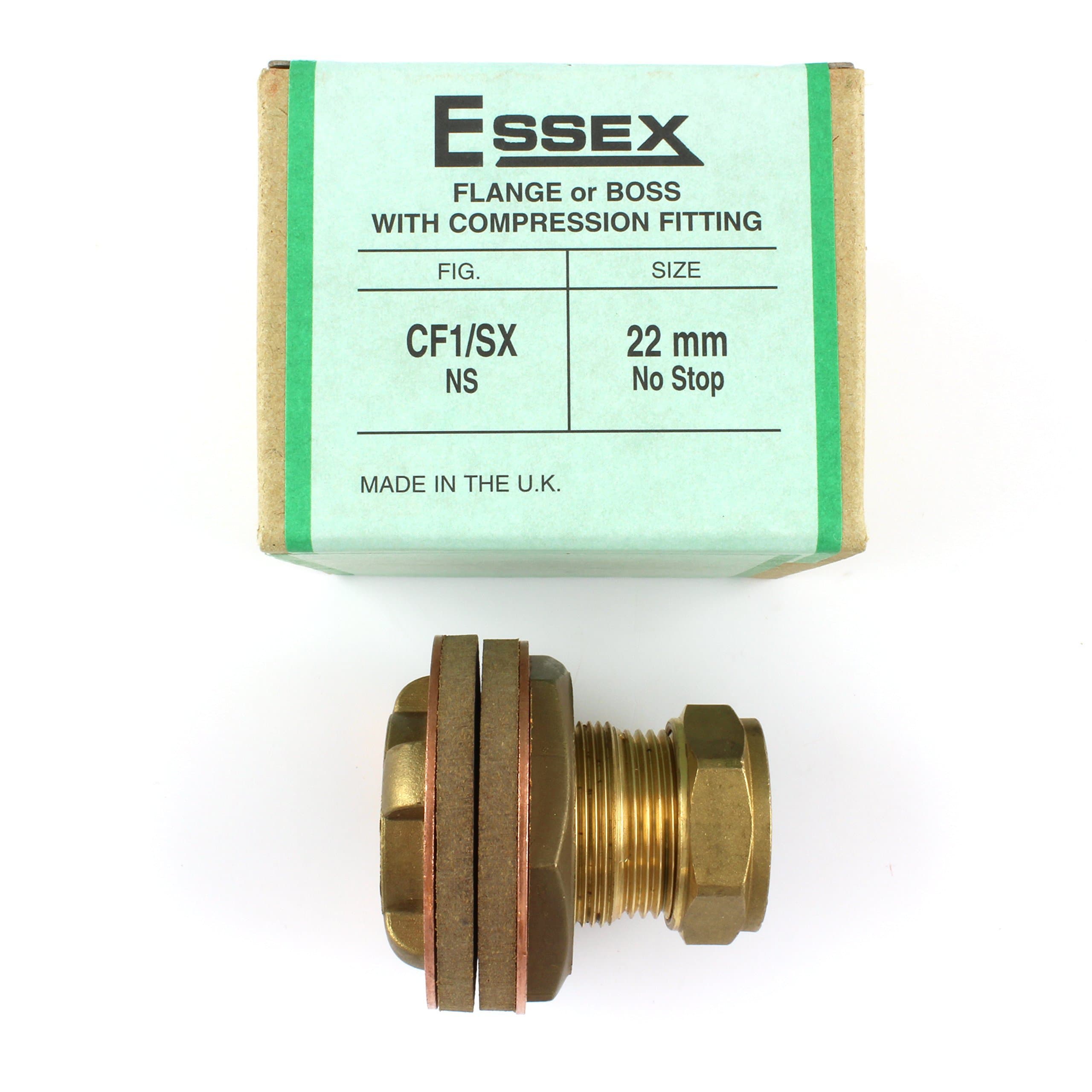 Essex 22mm CF1/SX ns brass Flange with compression fitting for flat, curved & domed surface WITHOUT stop end - suitable for use with shower pump.