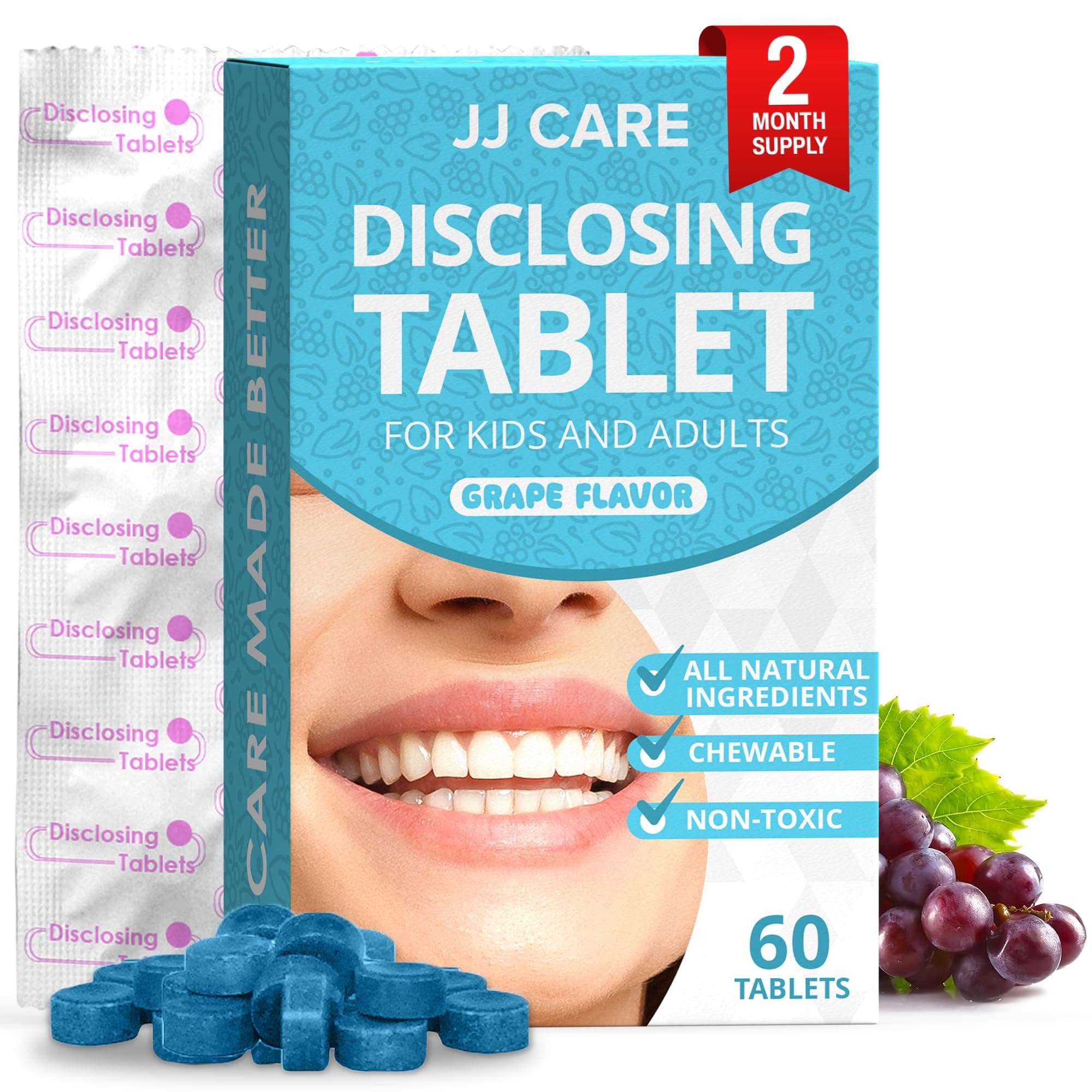 JJ Care Disclosing Tablets for Kids - 60 Count, Individually Wrapped Plaque Disclosing Tablets for Kids Brushing Teeth, Grape Flavored Plaque Remover, Dental Care for Teeth Brushing