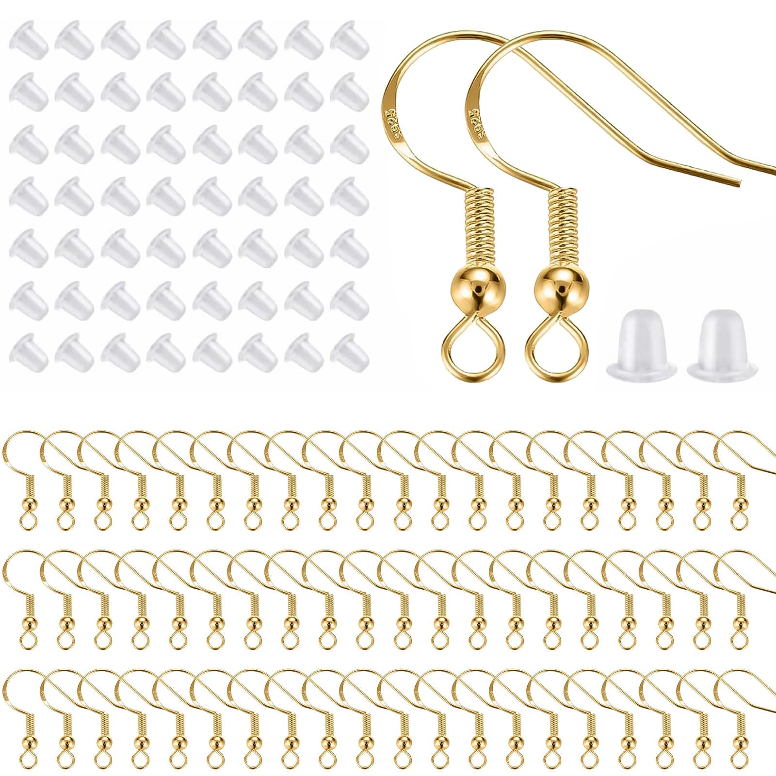 925 Sterling Silver Earring Hooks 200 PCS, Gold Earring Hooks for Jewelry Making, Hypoallergenic Fish Hook Earrings Making Kit, DIY Earring, with 200PCS Earring Backs and 200PCS Jump Rings
