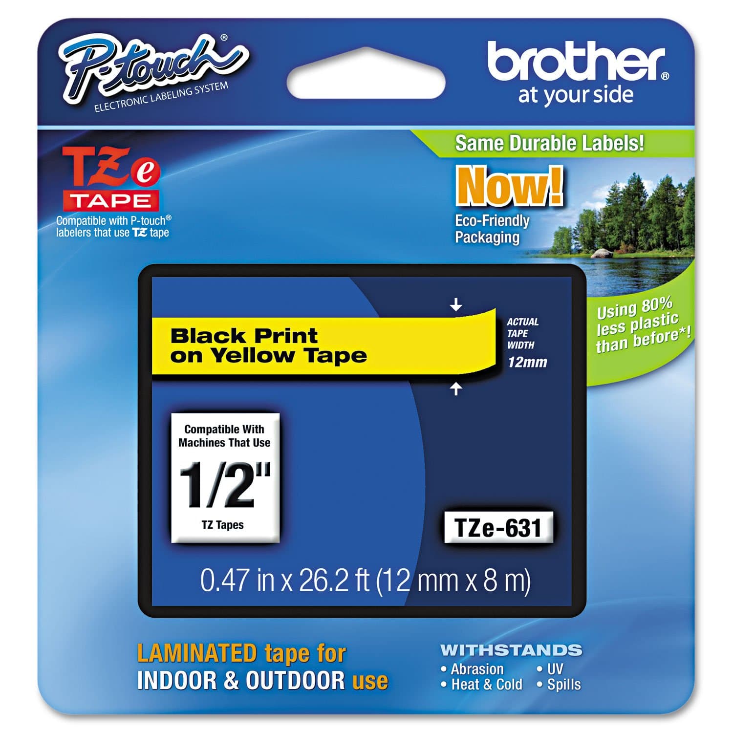 Brother Genuine P-touch TZE-631 Tape, 1/2" (0.47") Standard Laminated P-touch Tape, Black on Yellow, Laminated for Indoor or Outdoor Use, Water Resistant, 26.2 Feet (8M), Single-Pack