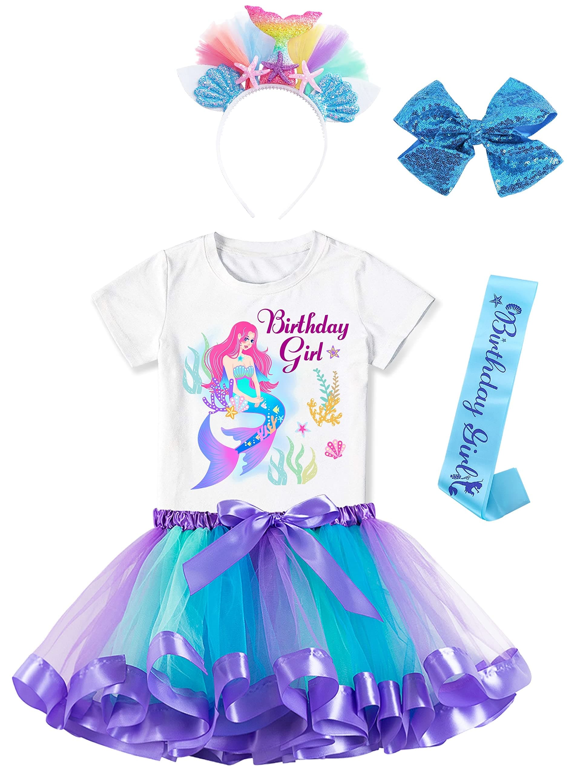 Doctor Unicorn Birthday Girls Mermaid Outfit Set Costume Tutu Skirt Dress, Mermaid Birthday Shirt, Headband & Satin Sash