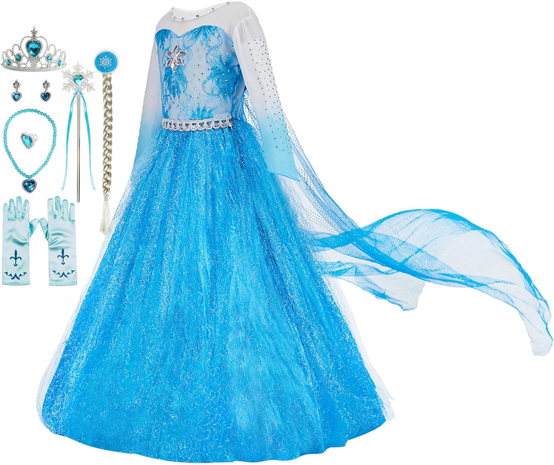 Elsa Costume for Girls Princess Dress Up Halloween Cosplay Party with Accessories