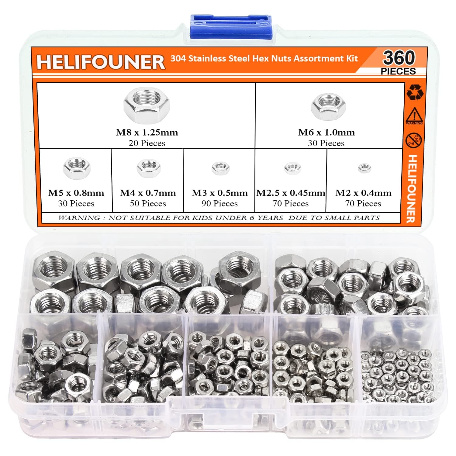 HELIFOUNER 360 Pieces 7 Sizes 304 Stainless Steel Hex Nuts Assortment Kit (M2 M2.5 M3 M4 M5 M6 M8)
