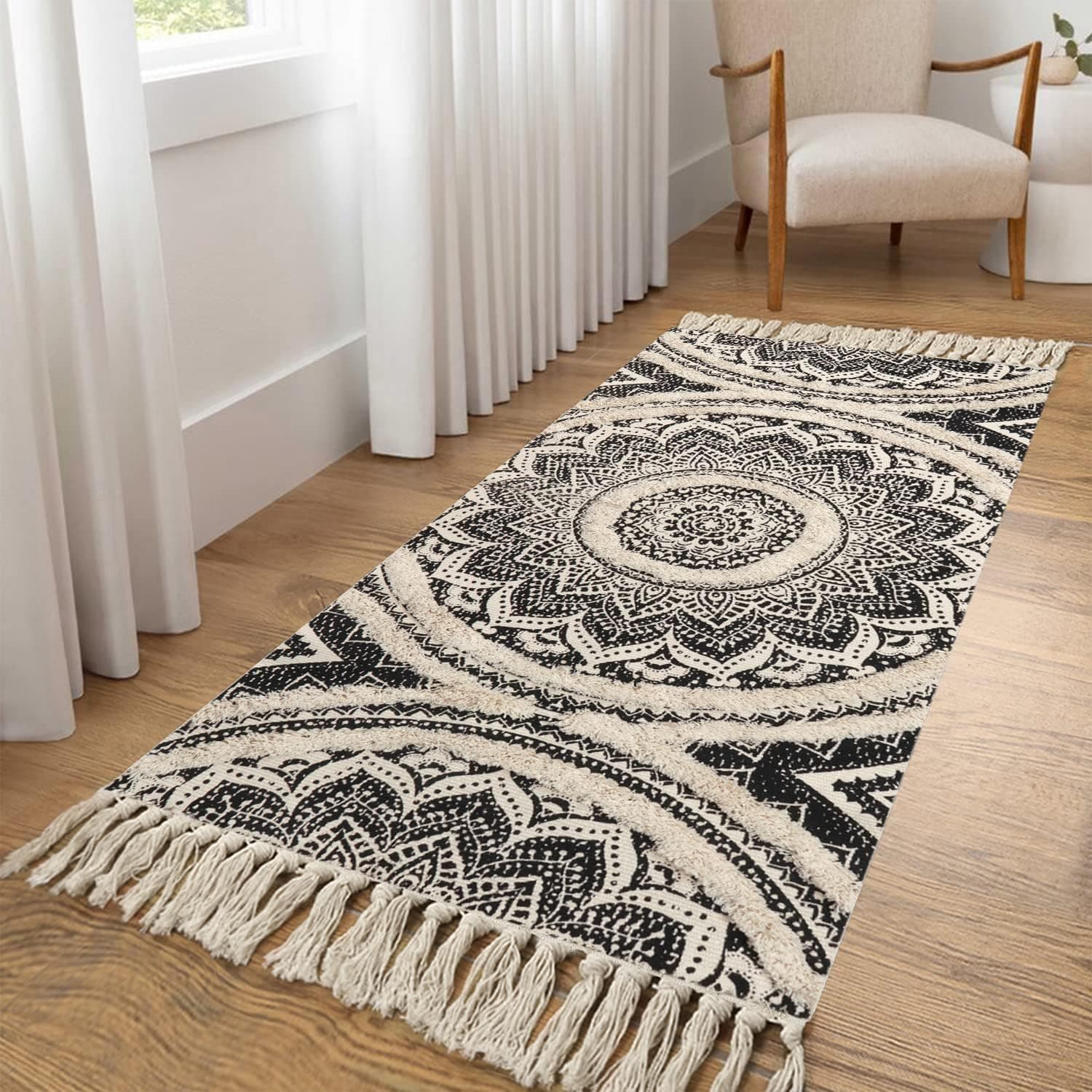 LEEVAN Boho Runner Rug 2x4 ft Tufted Washable Bohemian Bathroom Rug Mandala Area Rug with Tassels Hand Woven Farmhouse Kitchen Sink Rug Indoor Floor Carpet for Bedroom/Hallway,Black and Cream