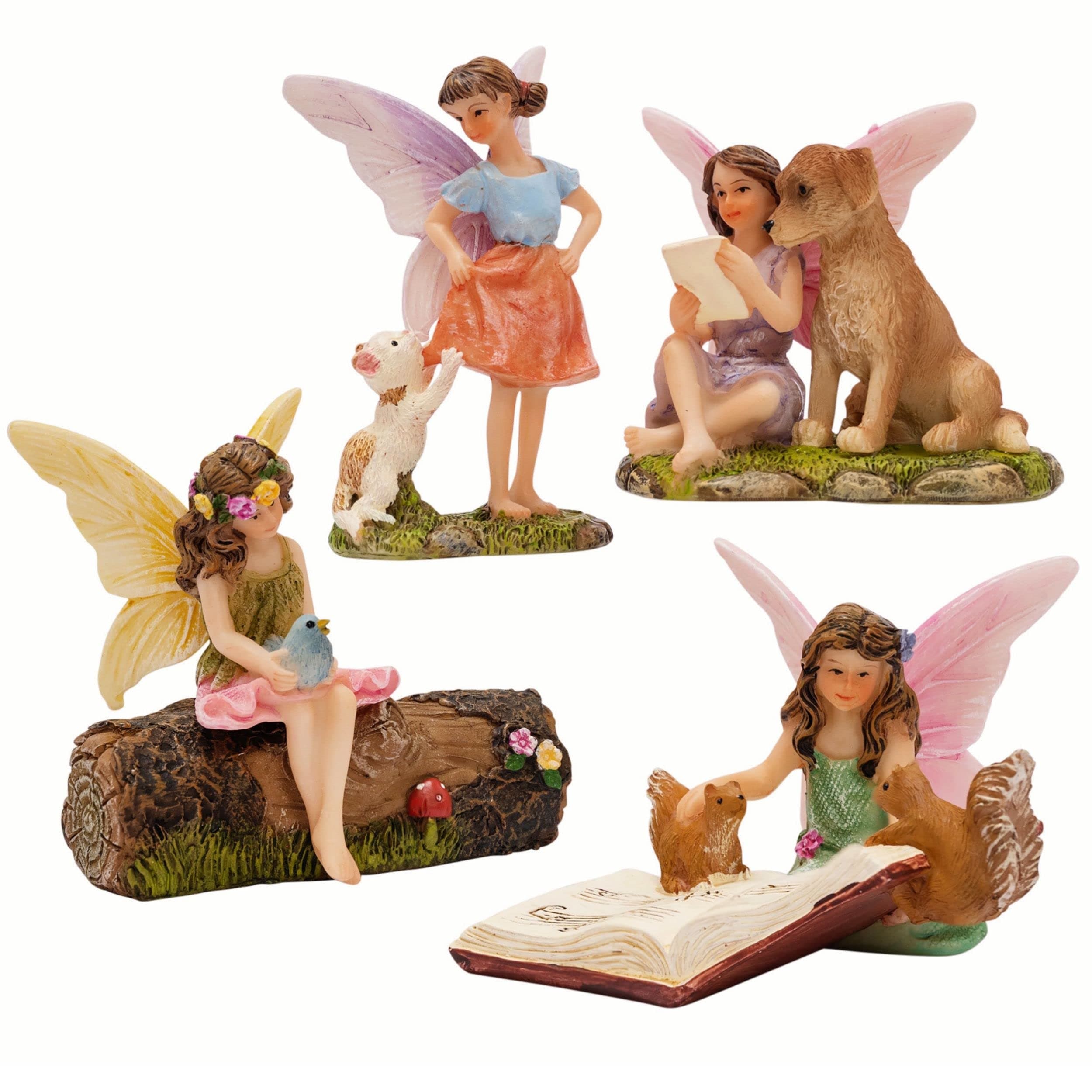 PRETMANNS Fairies for Fairy Garden – Fairy Figurines for a Miniature Garden – Fairys with Their Favorite Animal Friends – Flower Decorated Resin Tree Stump Included – 5 Pieces