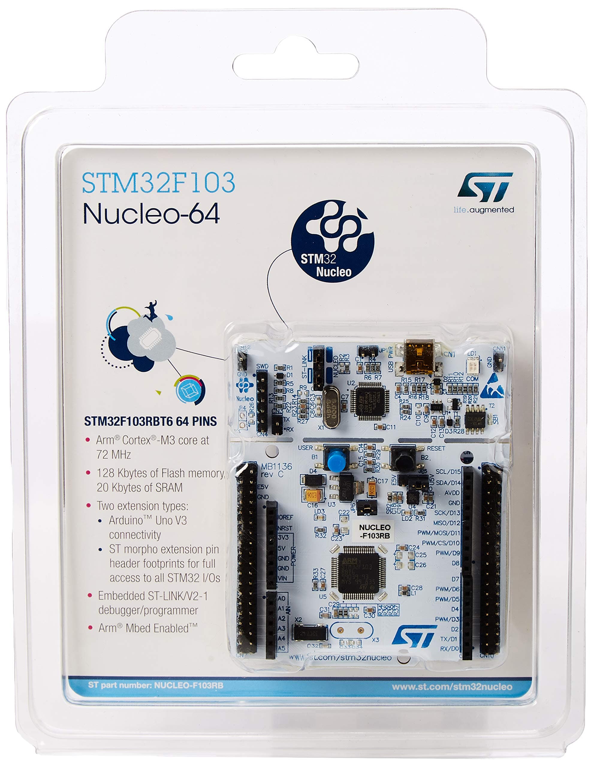 STM32 Nucleo-64 development board with STM32F103RB MCU, supports Arduino and ST morpho connectivity