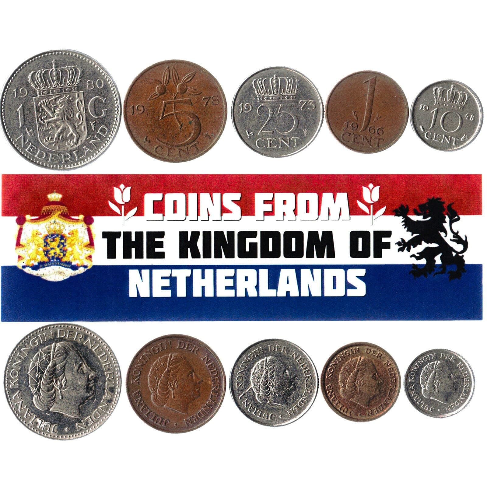 Netherlands 5 Mixed Coins | 1 Cent - 1 Gulden | Dutch Currency Since 1949