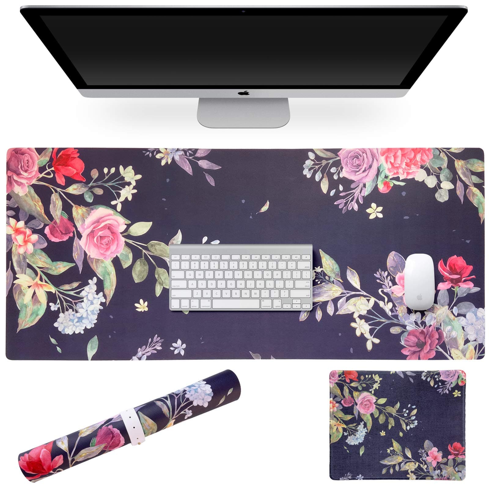 SANFORIN Multifunctional PU Leather Office Desk Pad 35.4''X15.7'' with Floral design + Mouse Pad 10.2''×8.3''×0.12'', Extended Large Non Slip Ultra Thin Waterproof Desk Writing Mat (Watercolor Flower)