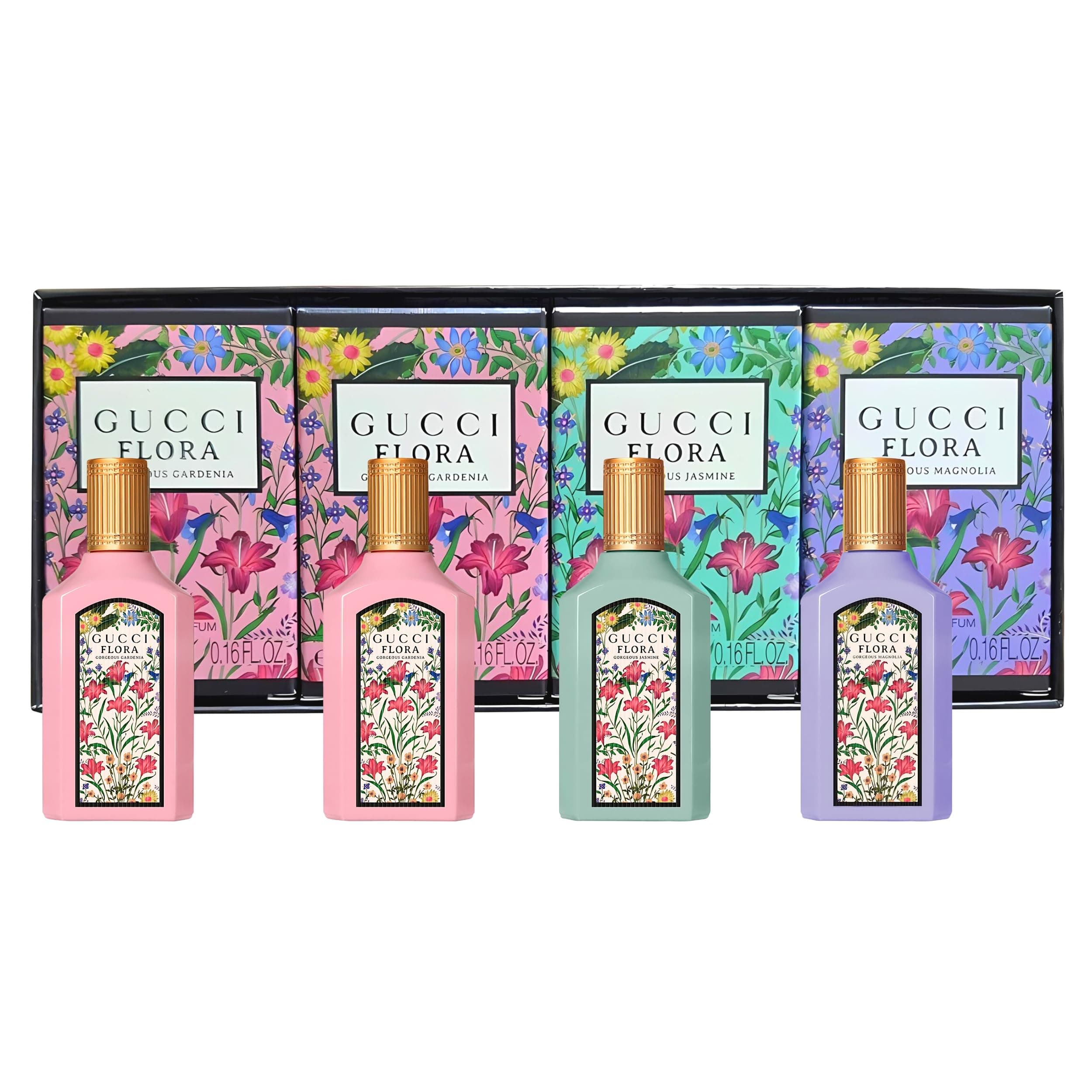 Flora Gorgeous 4 Piece Set for Women (Gardenia + Gardenia + Jasmine + Magnolia), 4×0.16 Ounce Parfum Spray