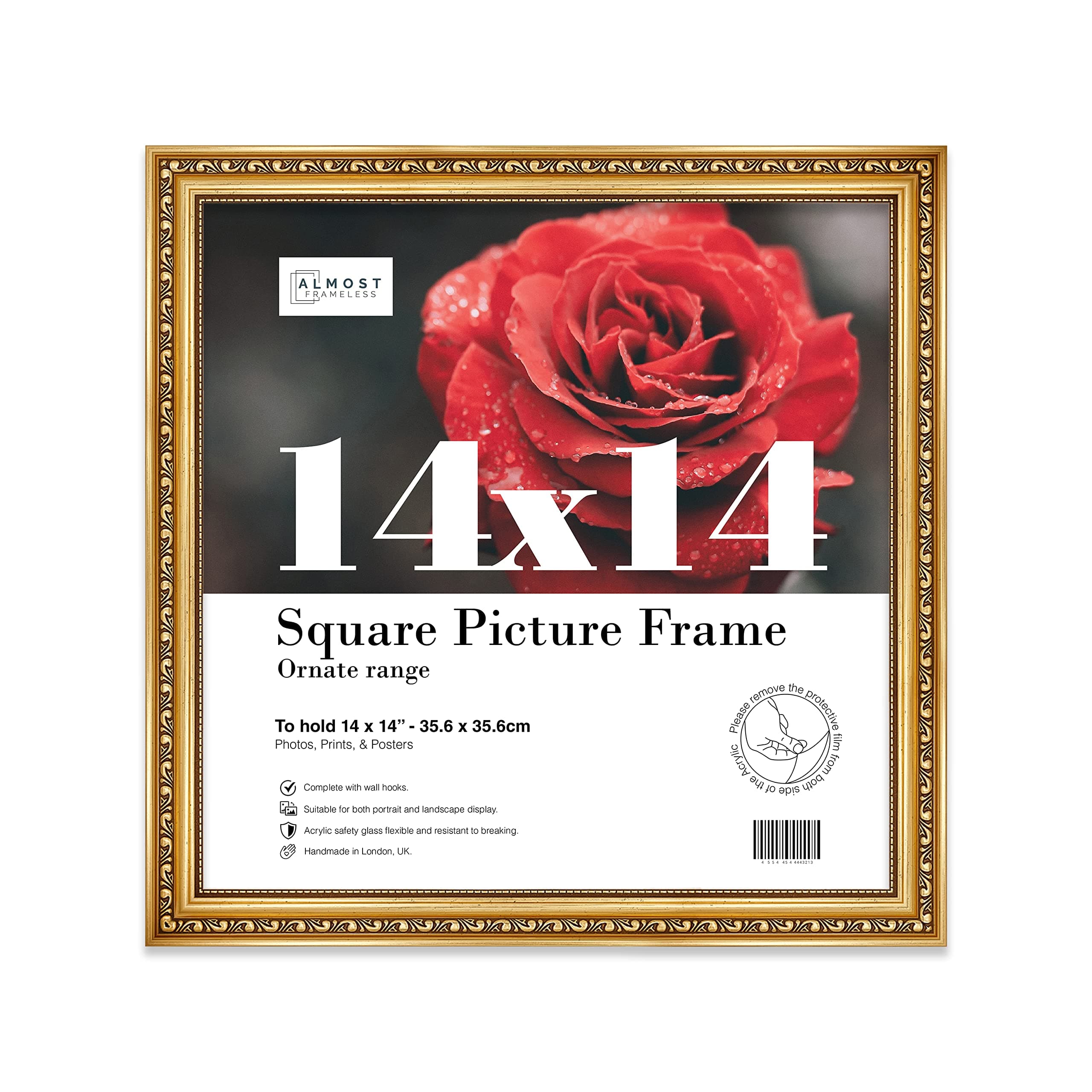 14x14 Gold Ornate Picture Frame 14"x14"(35.6x35.6cm) Poster, Photo, Artwork, or Print. Baroque Style Portrait and Landscape Display with Wall Hooks