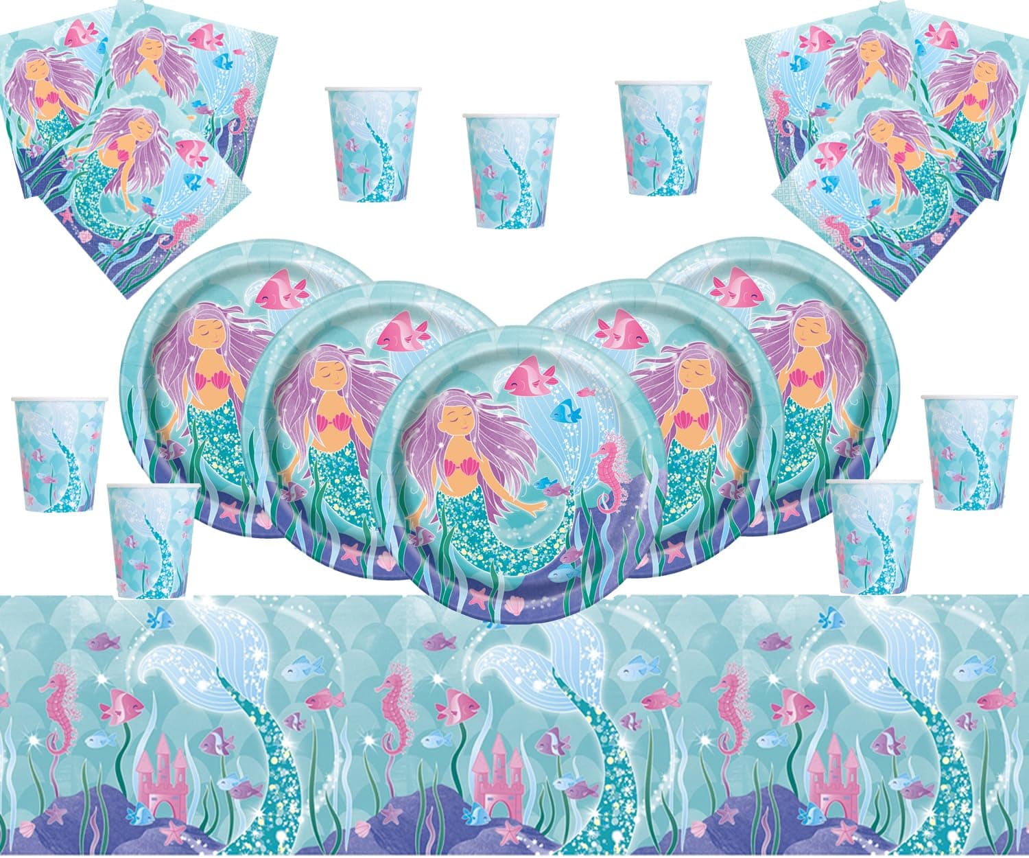 Mermaid Party Supplies for Girls Birthday| Mermaid Birthday Party Tableware Kit for 16 Guests | Magical Mermaids Plates Cups Napkins Table Cover
